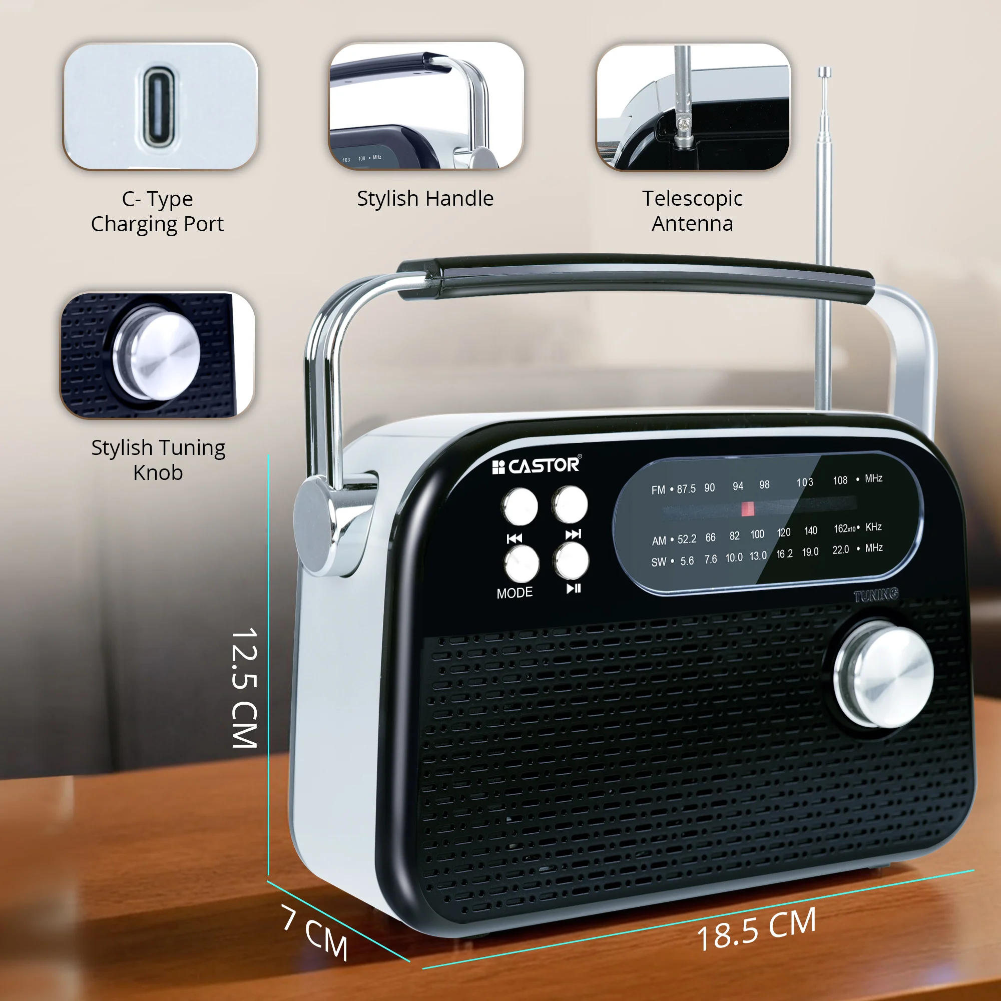 CASTOR iBELL FM820BT Portable FM Radio with Bluetooth Speaker, Rechargeable Battery, USB SD MP3 Player & Dynamic Speaker 3 Band, Black - Image 3