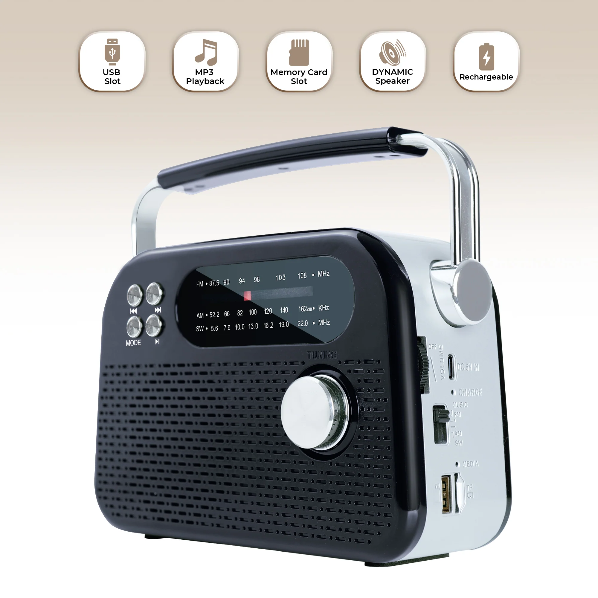 CASTOR iBELL FM820BT Portable FM Radio with Bluetooth Speaker, Rechargeable Battery, USB SD MP3 Player & Dynamic Speaker 3 Band, Black - Image 5