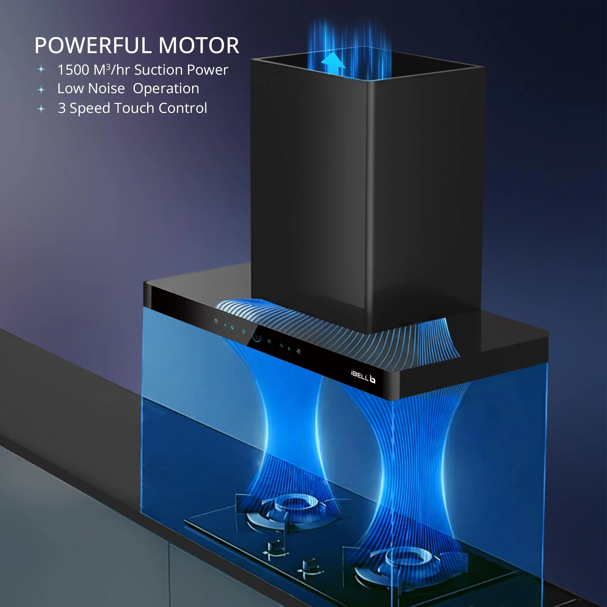 iBELL ELEGANCE 90 DLX Auto Clean Kitchen Chimney 90cm, 1500 m³/hr Suction, Filterless Technology, Motion Sensor & Touch Control, Black Tempered Glass Finish - Image 3