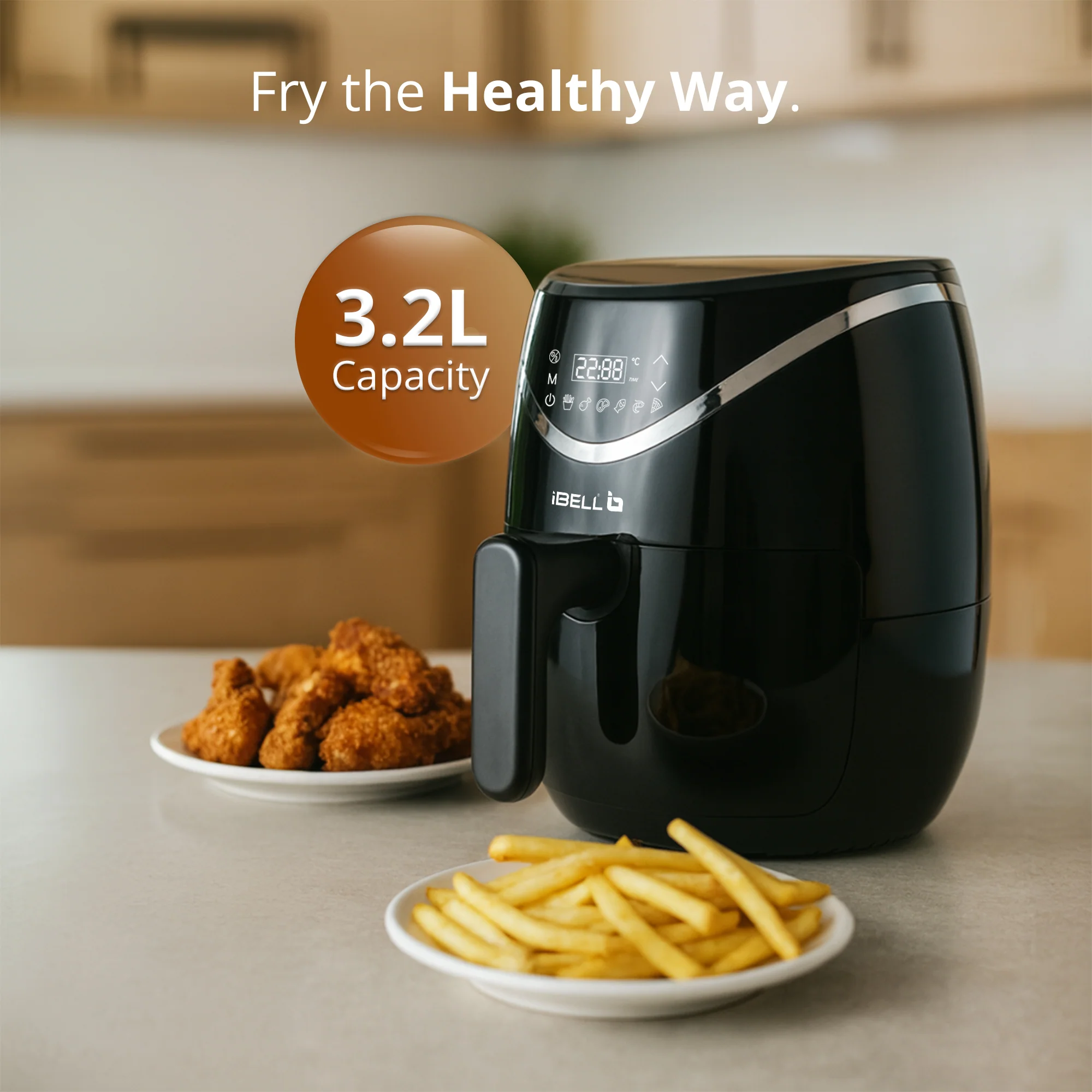 iBELL 3.2L Digital Air Fryer |800W, Feather Touch Control, 6 Preset Cooking Modes, Adjustable Temperature, One Basket with Steam Rack, Oil-Free Healthy Cooking (Black) - Image 4