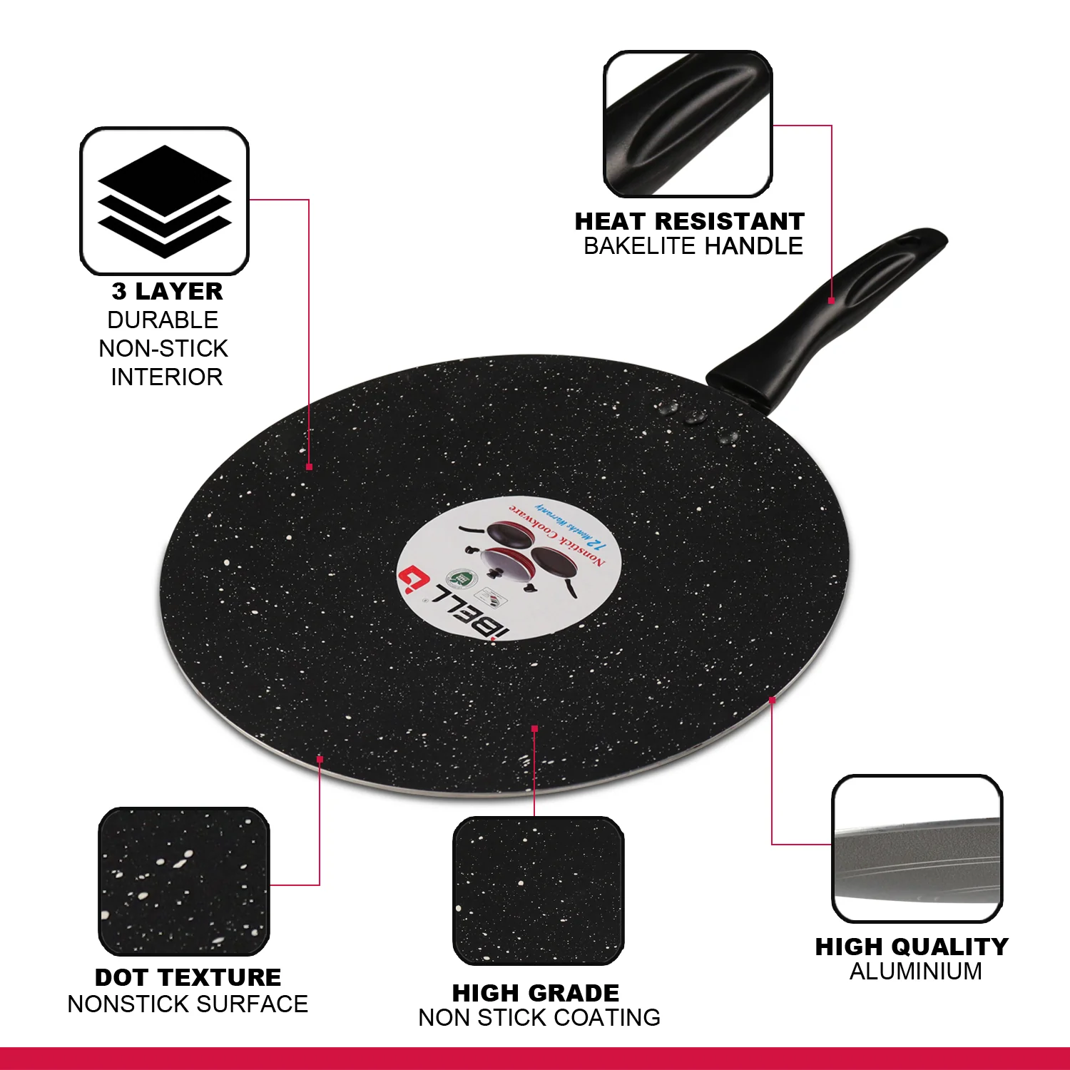 IBELL 3 Layer Durable Aluminium Non Stick Tawa Pan for Dosa/Roti/Chapati (290MM) Black - Image 3