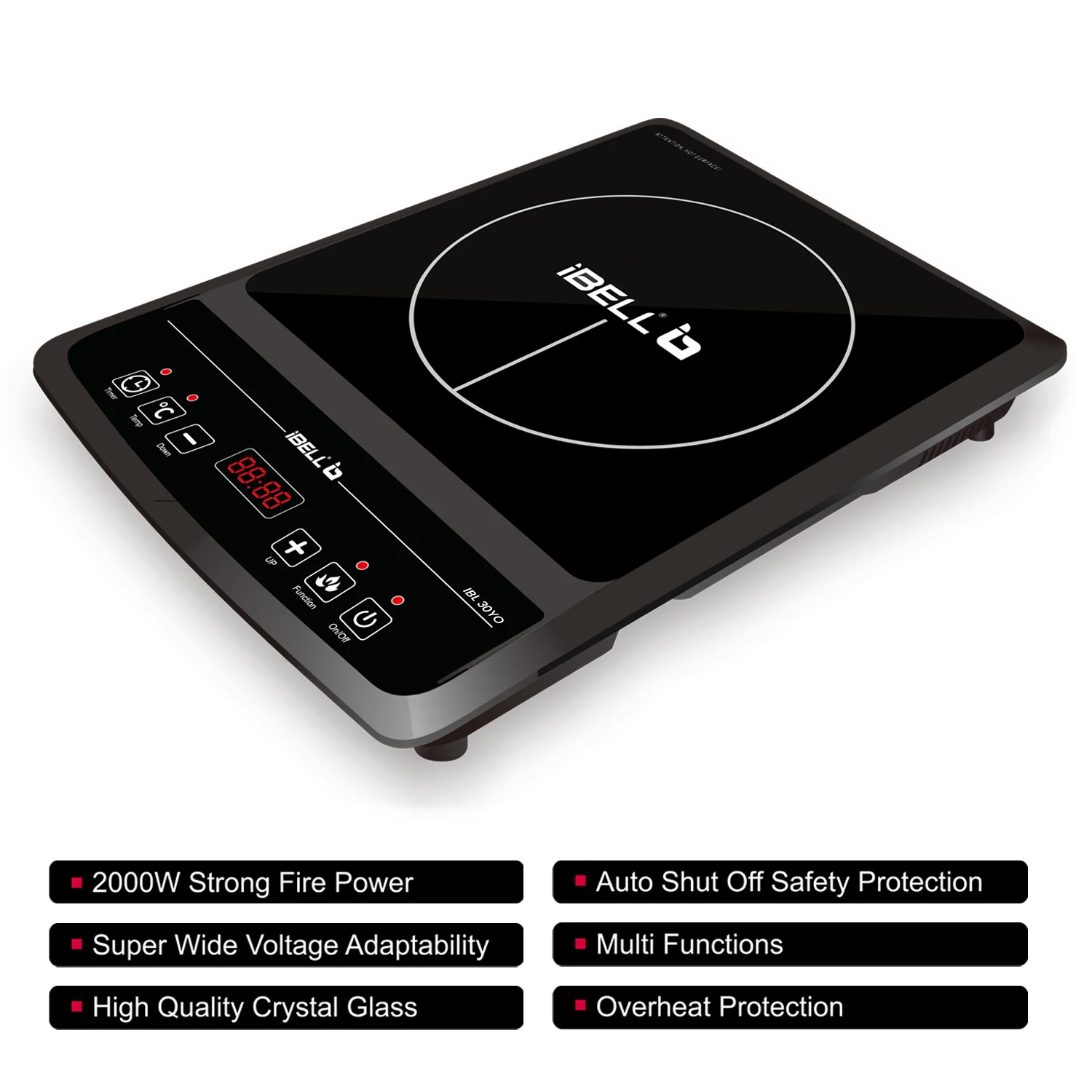 IBELL 30YO Induction Cooktop, 2000W, 2 Yr Warranty, BIS Certified, Crystal Glass Top, Auto Shut Off, Overheat Protection (Black) - Image 3