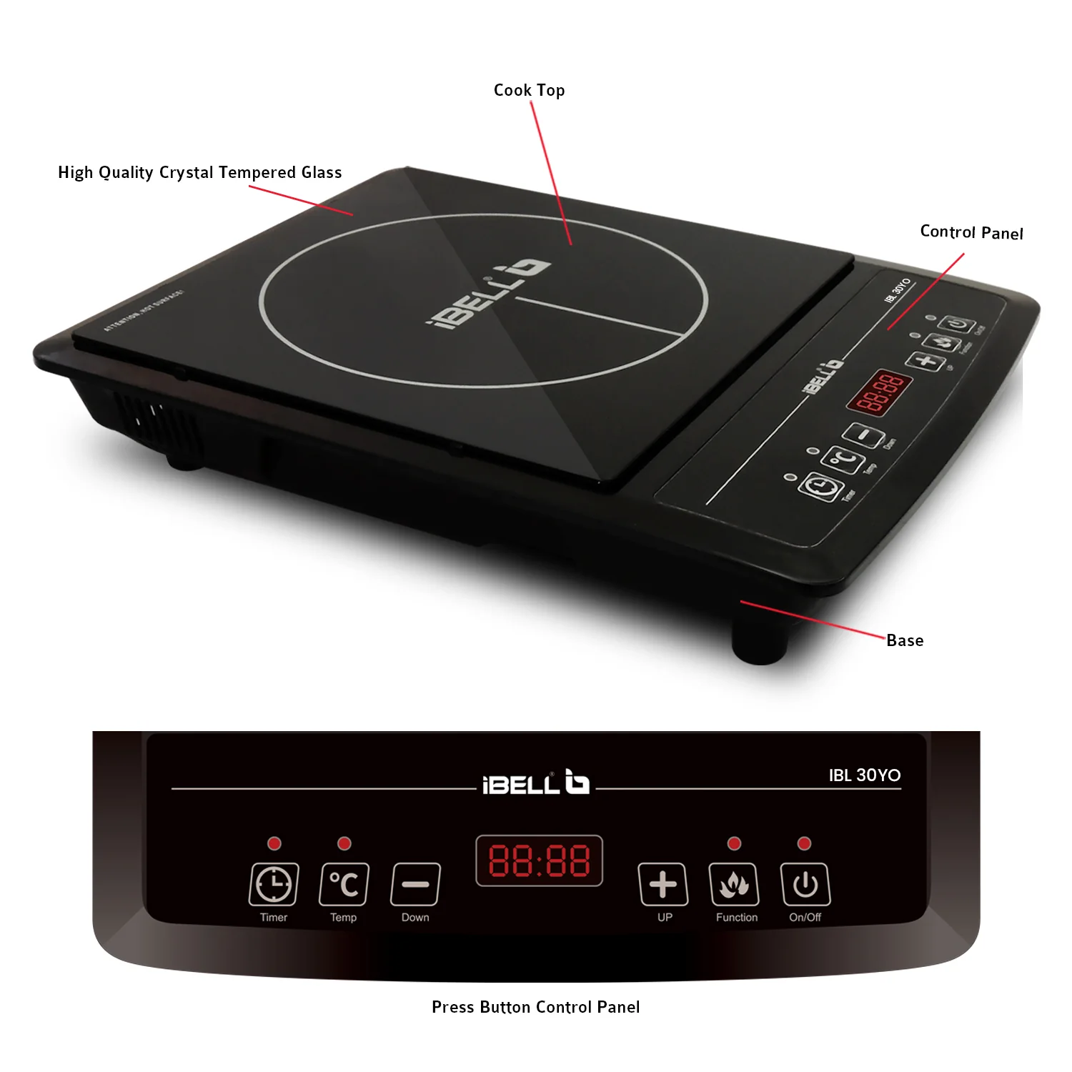 IBELL 30YO Induction Cooktop, 2000W, 2 Yr Warranty, BIS Certified, Crystal Glass Top, Auto Shut Off, Overheat Protection (Black) - Image 4