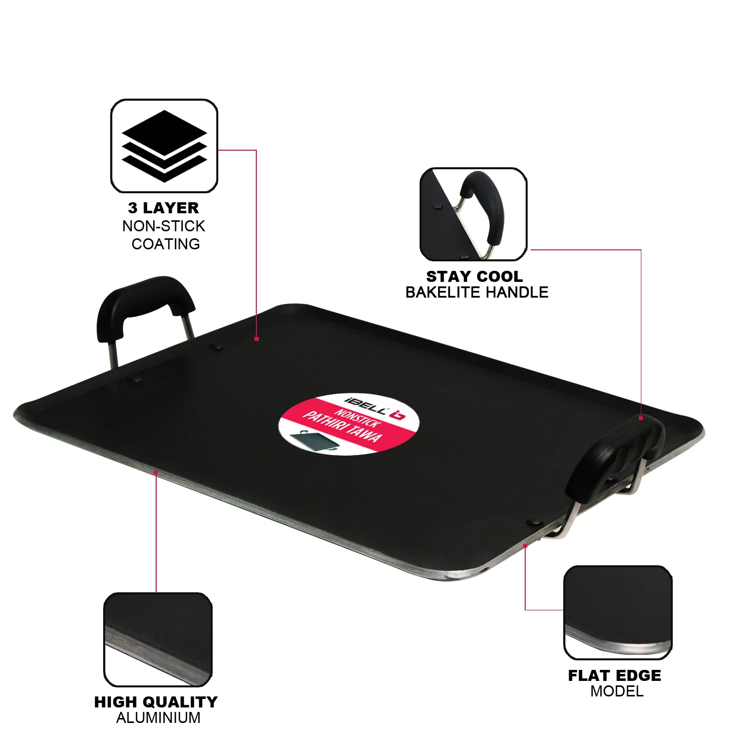 IBELL 3833DLX Non Stick Tawa, Dosa Roti Chapati Pathiri Tawa, Large Rectangular Aluminium Body with Bended Edge, 37.5cm x 31.5cm with 5mm Thickness (Black) - Image 3
