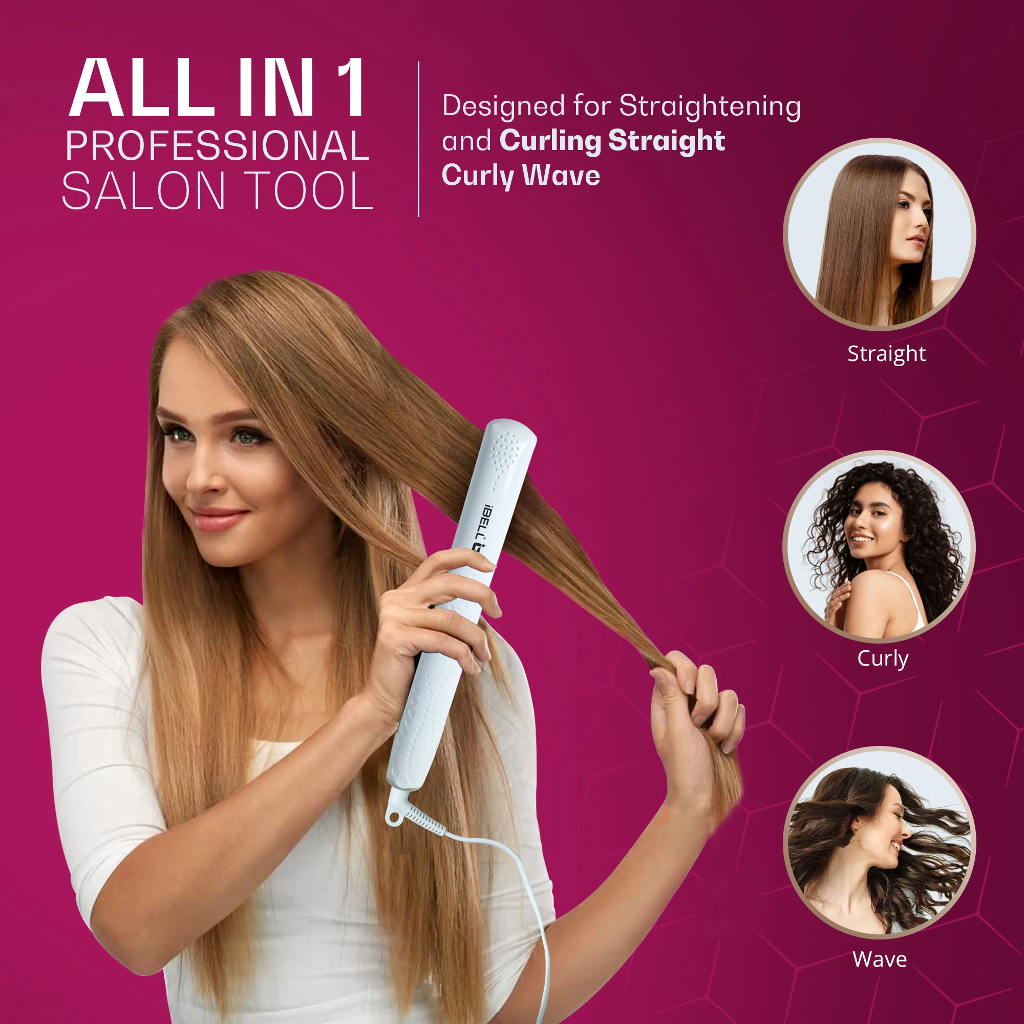 IBELL 3-in-1 Hair Straightener for Woman | Professional Hair Curler Machine with Ceramic Plates | 200°C Salon Styling Tool | Straight, Curl & Wave | Hair Straightening Lasts 2–3 Hours | LED Indicator & 1-Year Warranty - Image 4