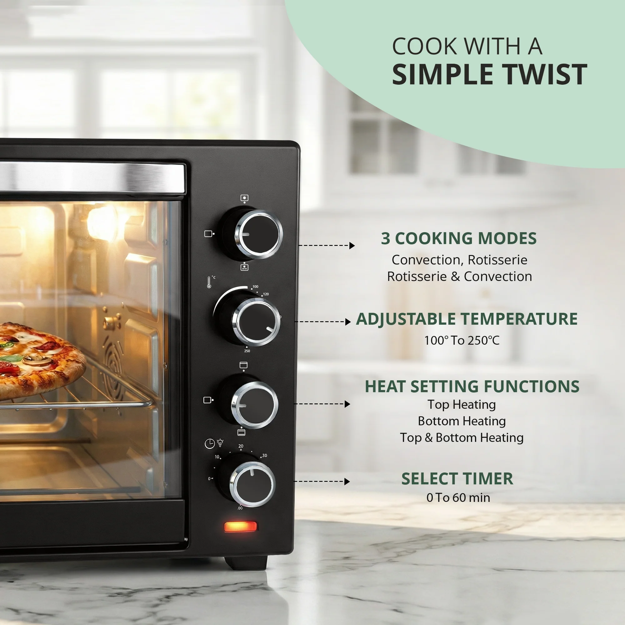 IBELL 60 Litre Electric Oven Toaster Grill OTG with Convection & Rotisserie, 2000 Watt, Multiple Heating Options, Adjustable Temperature, IBLEO60LGDLX (Black) - Image 5