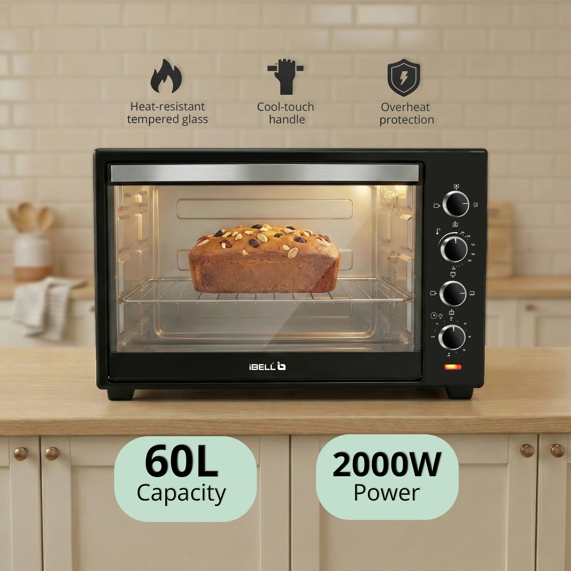 IBELL 60 Litre Electric Oven Toaster Grill OTG with Convection & Rotisserie, 2000 Watt, Multiple Heating Options, Adjustable Temperature, IBLEO60LGDLX (Black) - Image 7