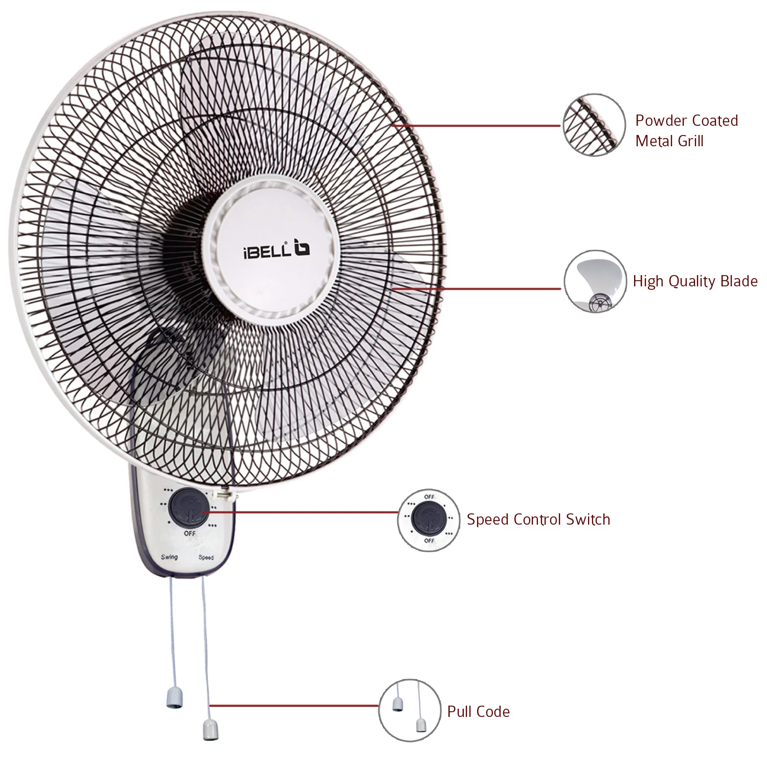IBELL 9816WF High Speed Wall Fan with 3 Leaf, 406mm, Low Noise Motor (Ivory White) - Image 5
