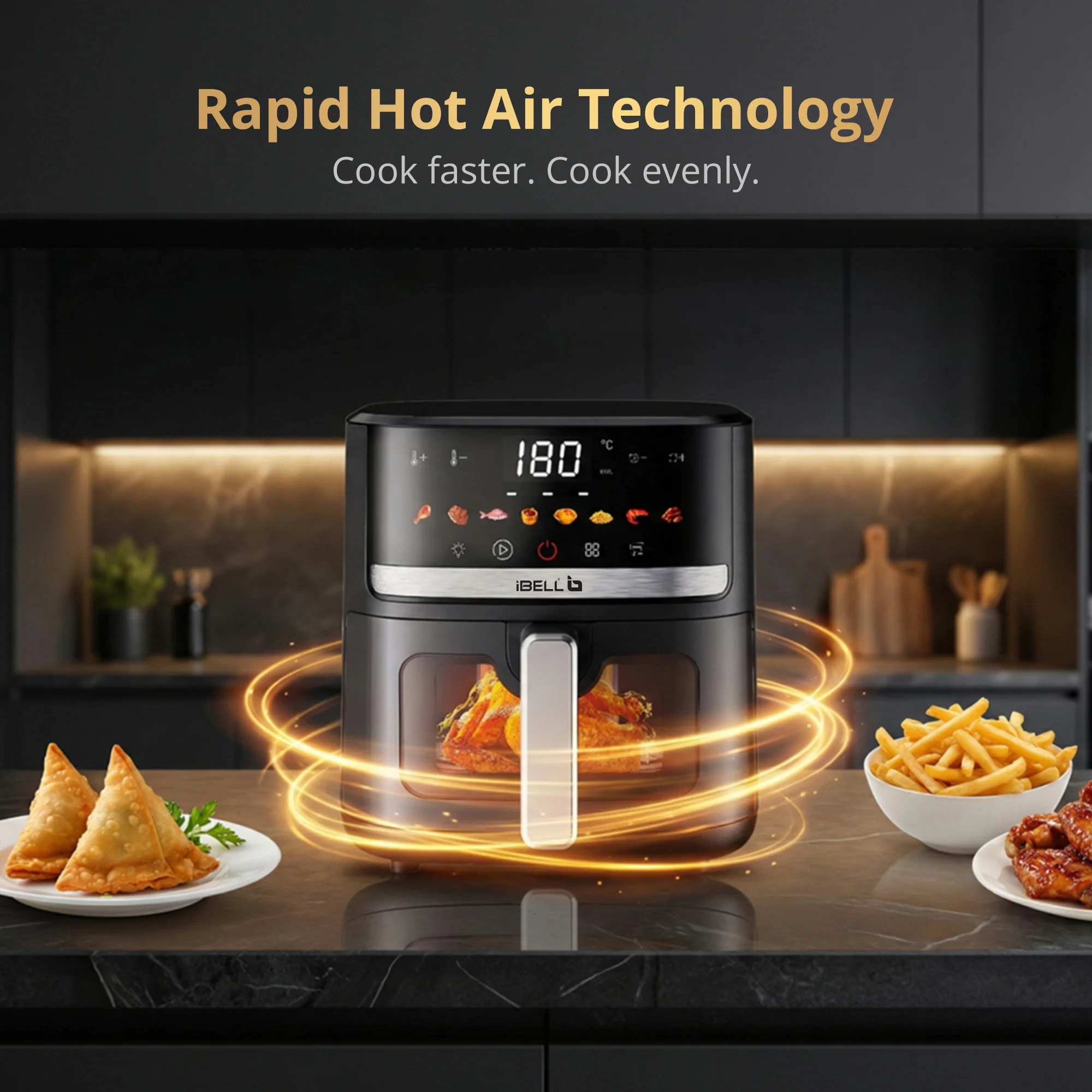 IBELL AERO FRY 550 Digital Air Fryer, 5.5 Litre Capacity, 1350W Power, Touch Control Panel, Multiple Cooking Options, Adjustable Temperature, Oil-Free Cooking, Black, 2 Year Warranty - Image 6