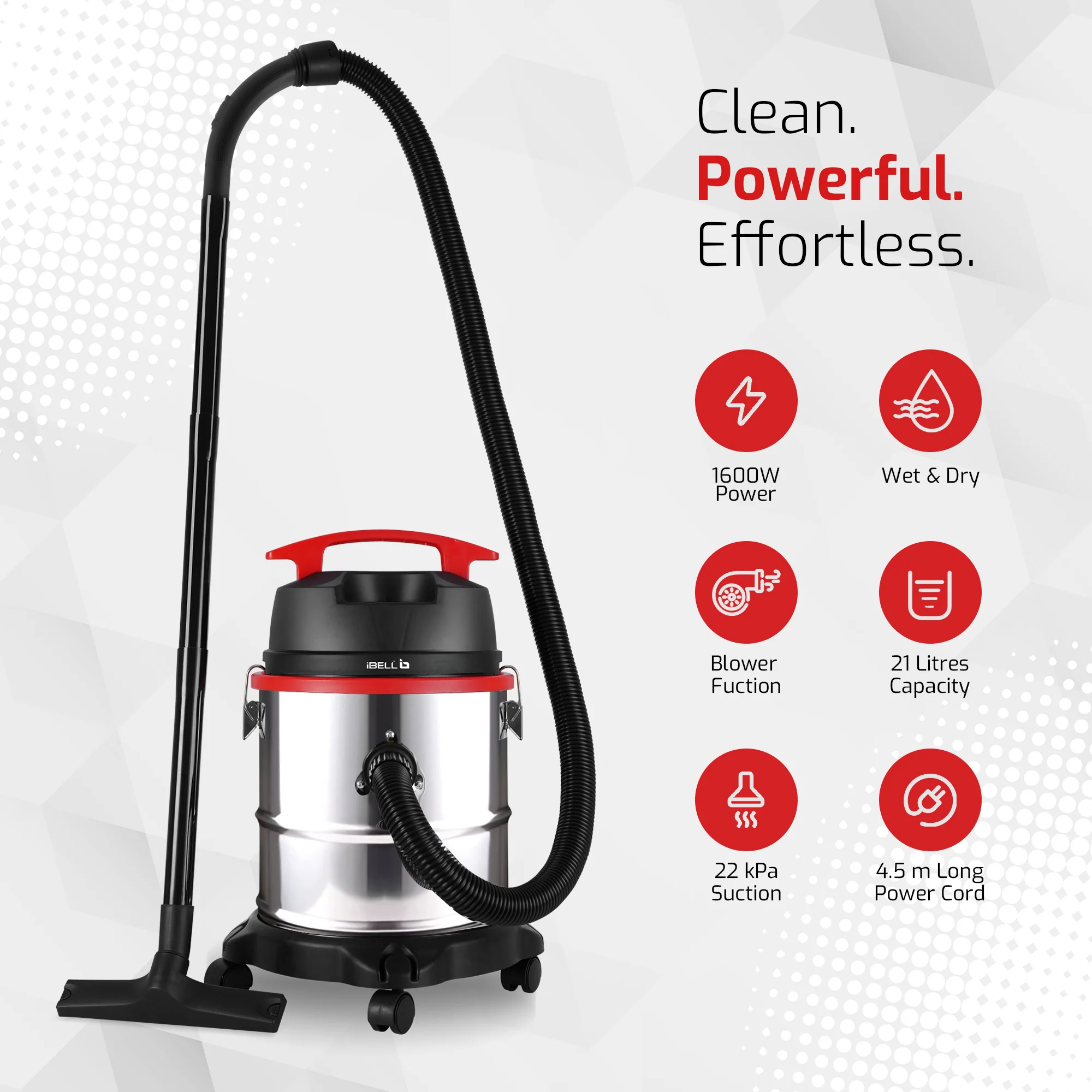 IBELL AERO VAC 2000 Vacuum Cleaner for Home Use Wet and Dry, 1600 W Motor, 21 LTR Tank Capacity, HEPA Filter, Blower Function, Stainless Steel Body (Black, Red, Steel) - Image 3