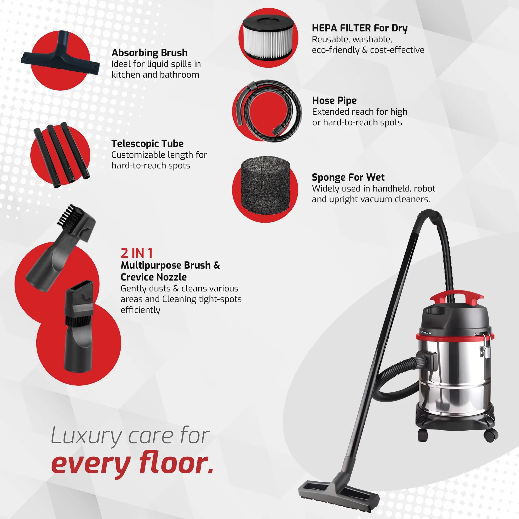 IBELL AERO VAC 2000 Vacuum Cleaner for Home Use Wet and Dry, 1600 W Motor, 21 LTR Tank Capacity, HEPA Filter, Blower Function, Stainless Steel Body (Black, Red, Steel) - Image 4