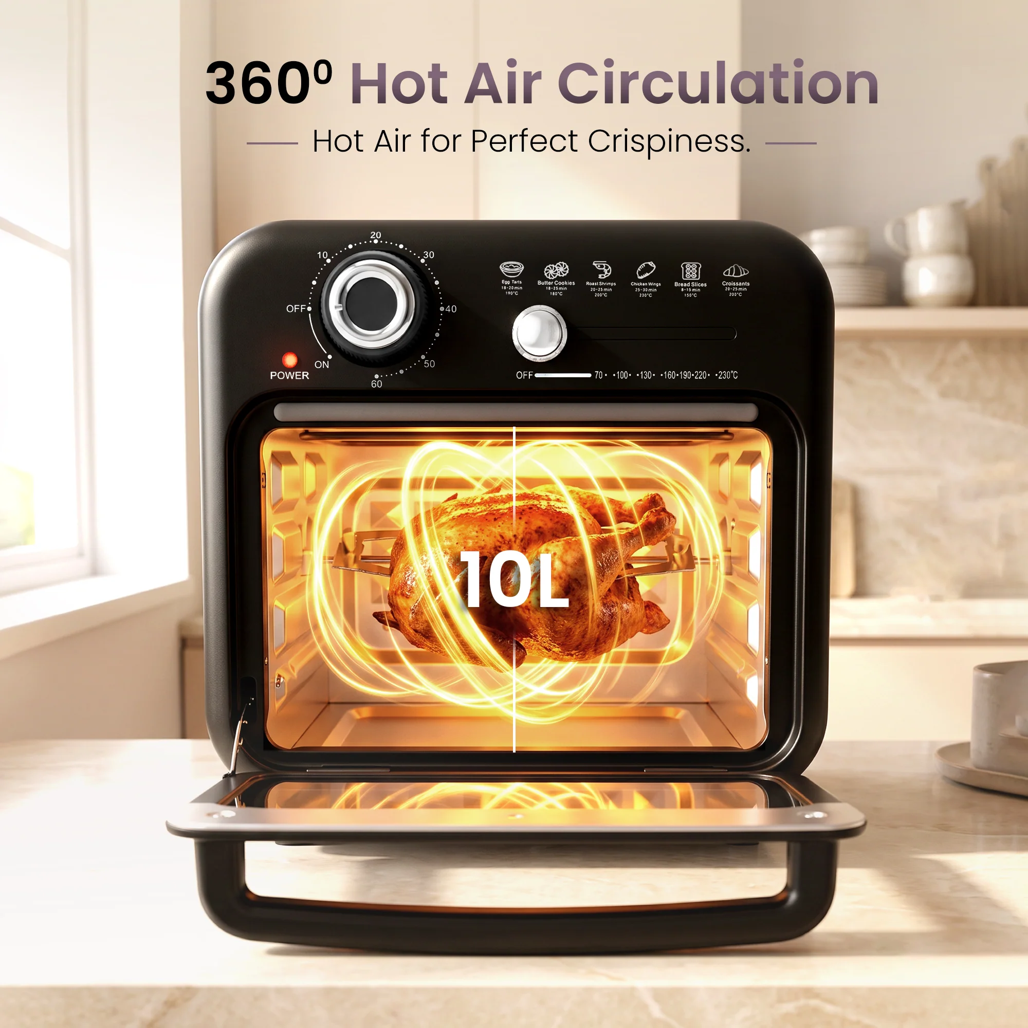 iBELL Aero Wave 10L Air Fryer Oven, 1400W Mini OTG with 360° Hot Air Circulation, Rotisserie, Bake, Grill, Roast & Dehydrate, 6 Preset Cooking Modes, Temperature Control, Black - Image 4