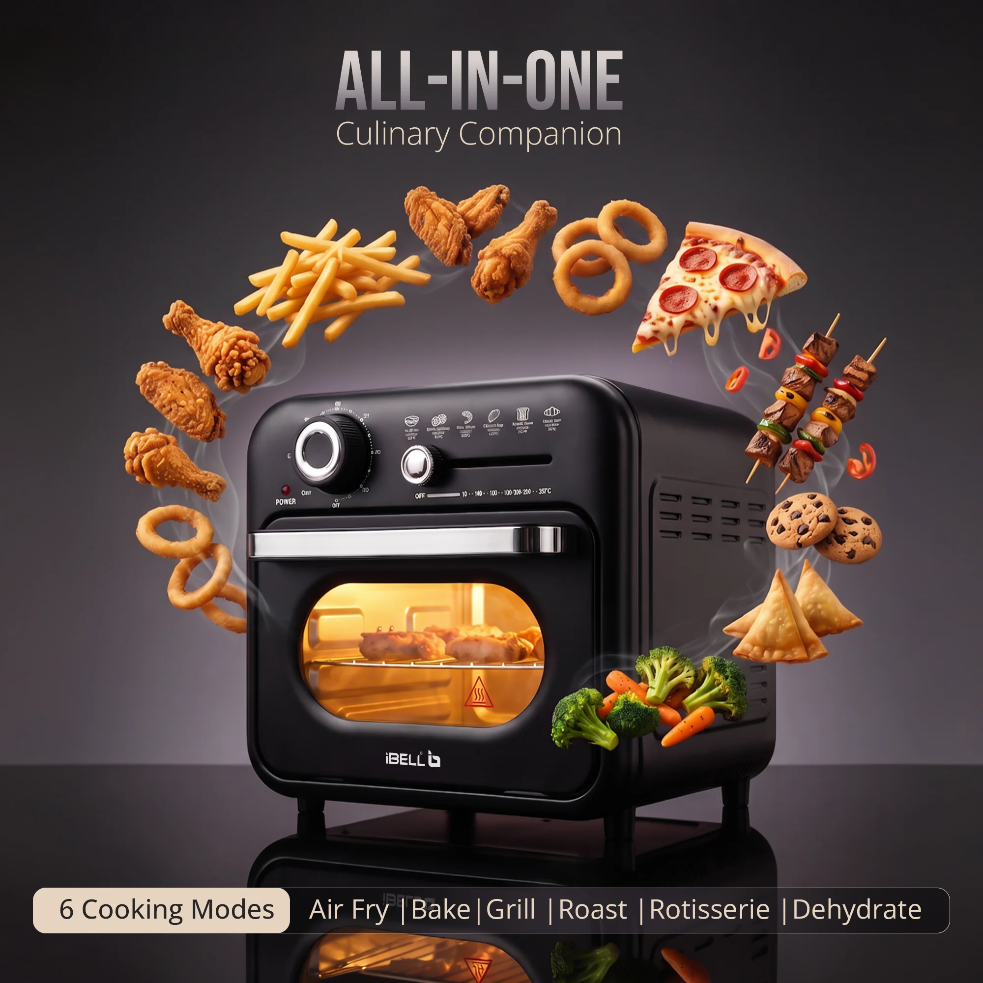 iBELL Aero Wave 10L Air Fryer Oven, 1400W Mini OTG with 360° Hot Air Circulation, Rotisserie, Bake, Grill, Roast & Dehydrate, 6 Preset Cooking Modes, Temperature Control, Black - Image 5