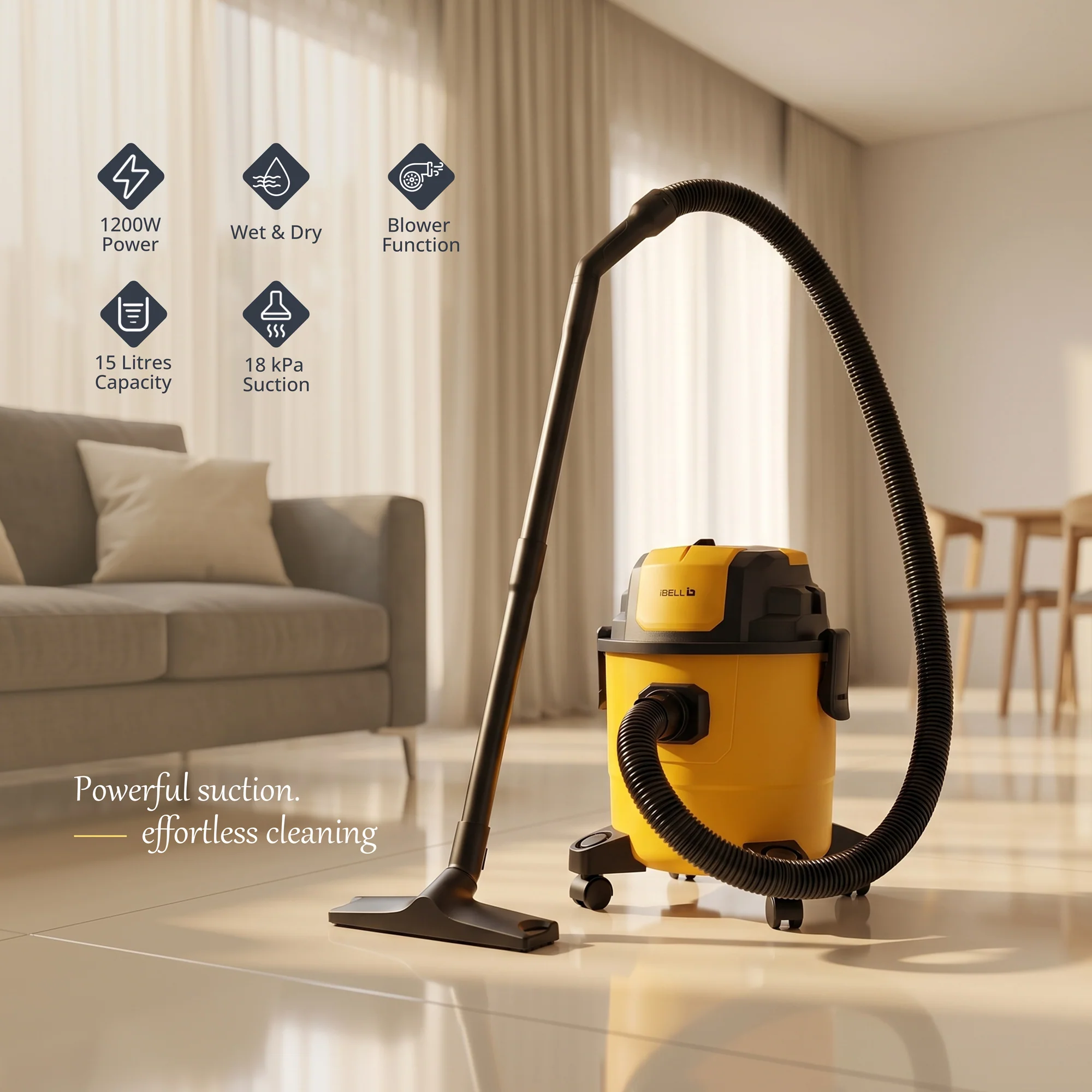 iBELL AeroVac150 Wet & Dry Vacuum Cleaner for Home & Office | 1200W Motor | 18 kPa Powerful Suction | 15L Capacity | 4-in-1 Vacuum, Blower & Crevice Cleaning| Reusable Filters | Yellow - Image 3