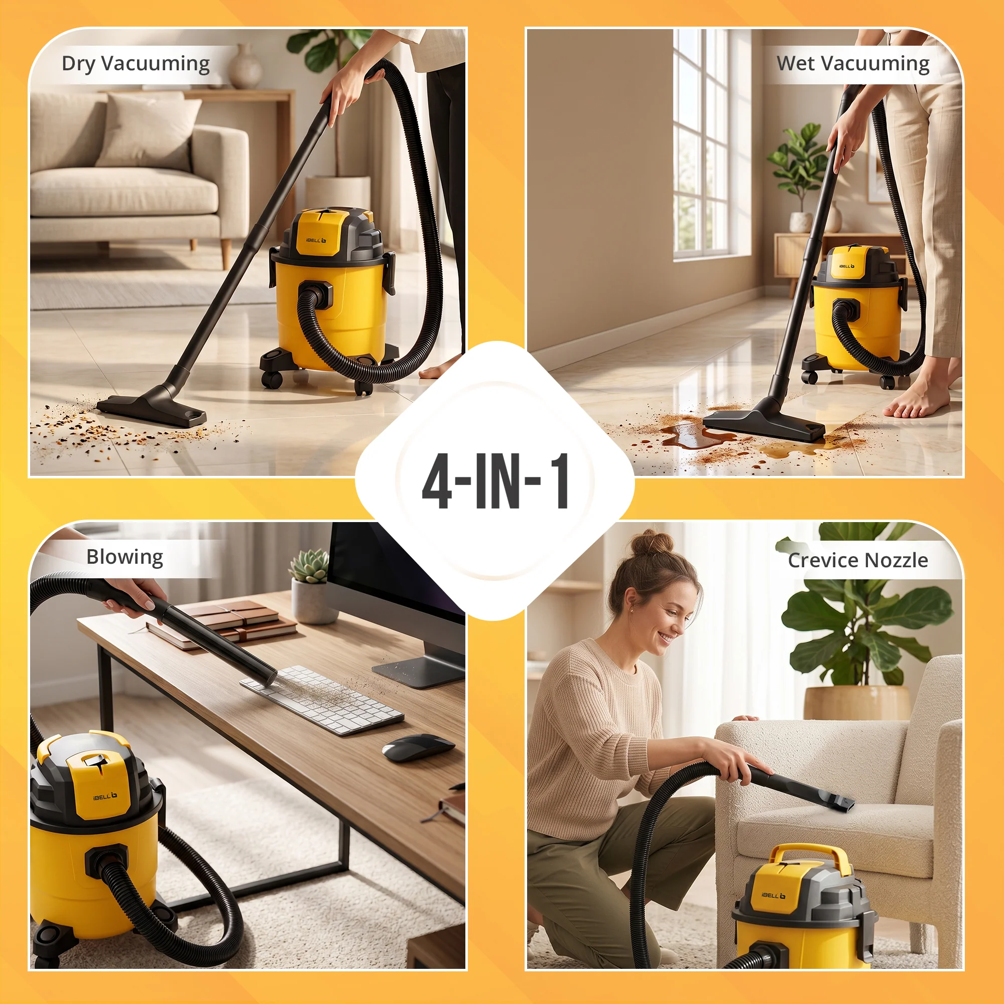 iBELL AeroVac150 Wet & Dry Vacuum Cleaner for Home & Office | 1200W Motor | 18 kPa Powerful Suction | 15L Capacity | 4-in-1 Vacuum, Blower & Crevice Cleaning| Reusable Filters | Yellow - Image 4
