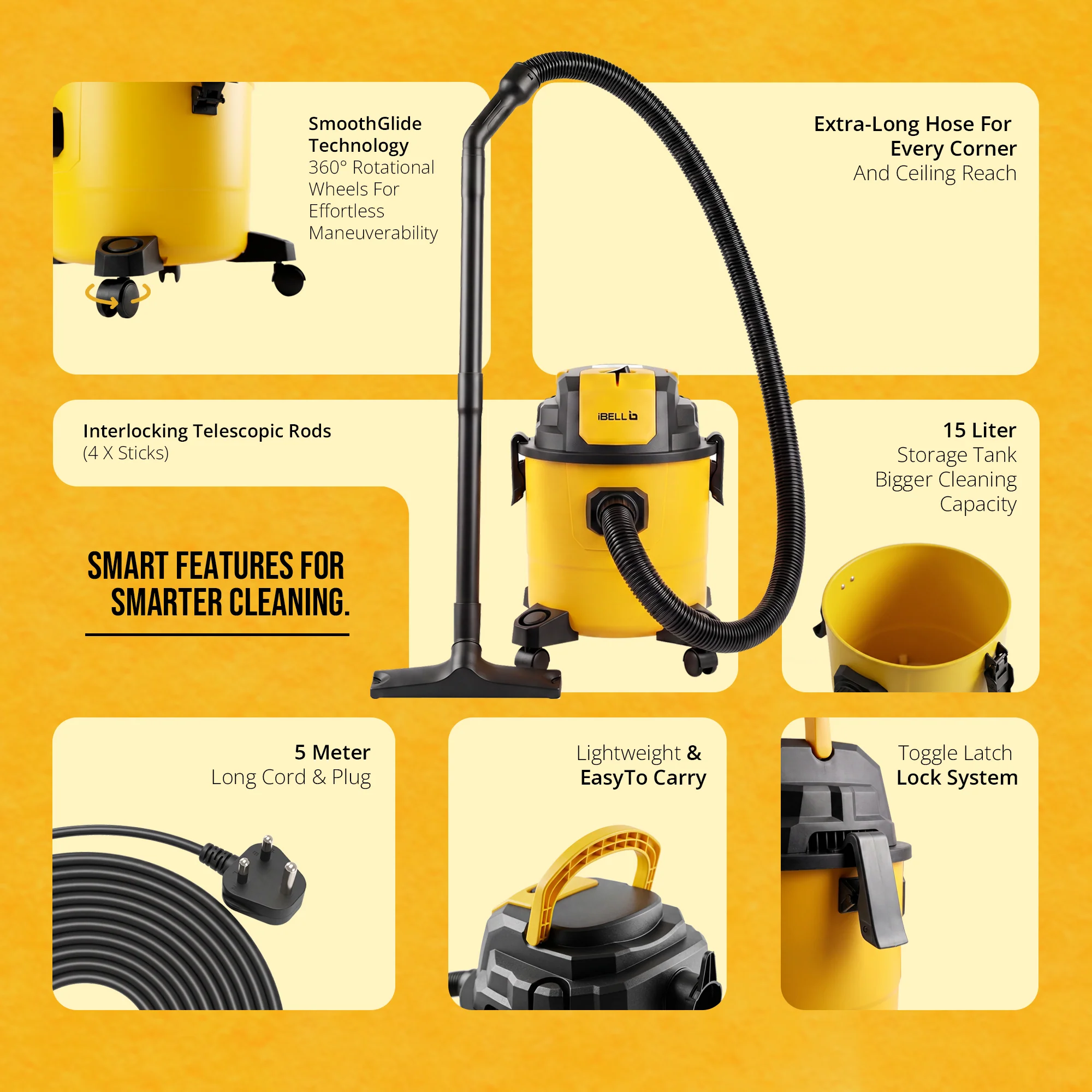 iBELL AeroVac150 Wet & Dry Vacuum Cleaner for Home & Office | 1200W Motor | 18 kPa Powerful Suction | 15L Capacity | 4-in-1 Vacuum, Blower & Crevice Cleaning| Reusable Filters | Yellow - Image 5