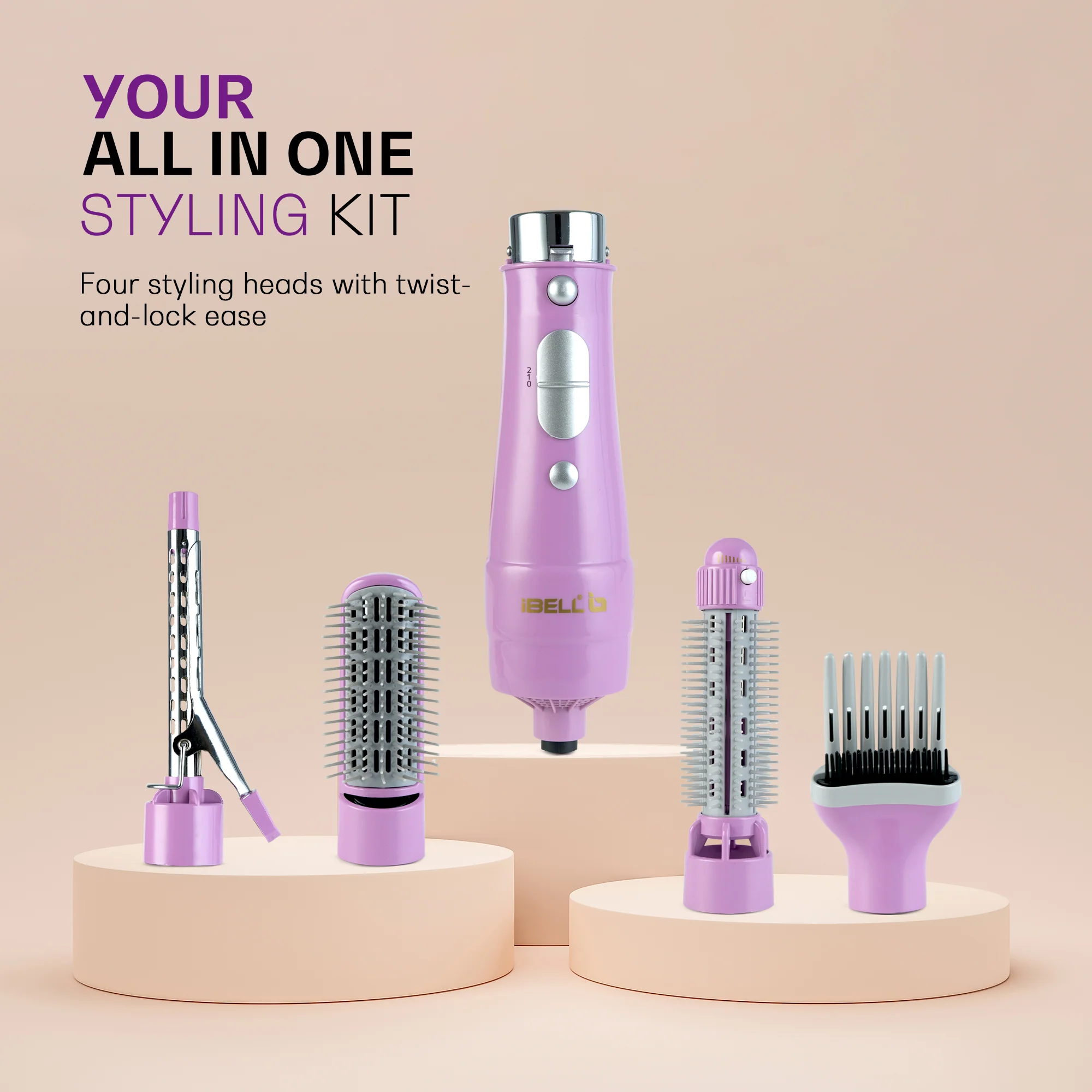 IBELL 4 in 1 Hair Styler for Women – Complete Styling Kit with Hair Styler Brush, Paddle Brush, Volumizing Round Brush & Curling Iron - Image 4