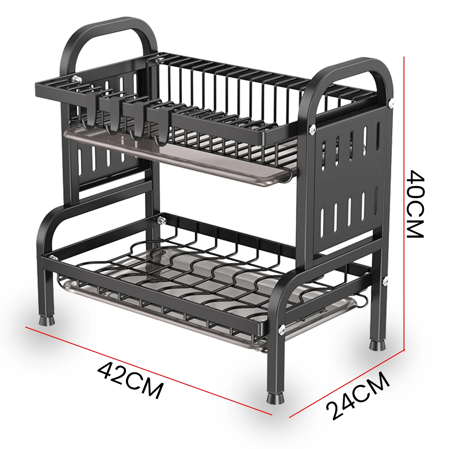 IBELL Carbon Steel DR242 Dish Drying Rack, 2-Tier Bartan Stand/Drainer Shelf/Kitchen Organizer/Counter for Utensils Storage (Black), 42x24x40 cm - Image 3