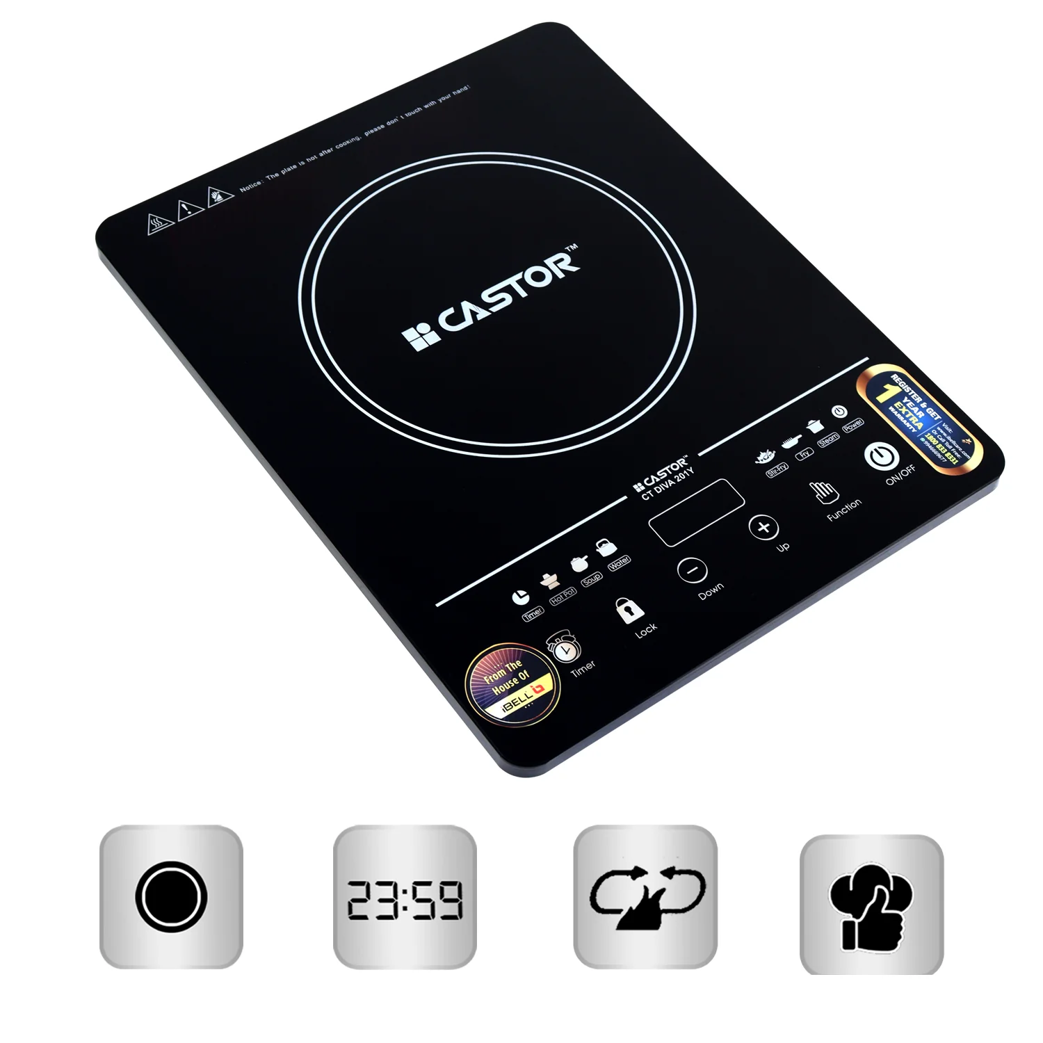 IBELL Castor DIVA Induction Cooktop 2000W, Touch Control, Auto Shut Off and Over Heat Protection, 2yr Warranty (Black) - Image 3