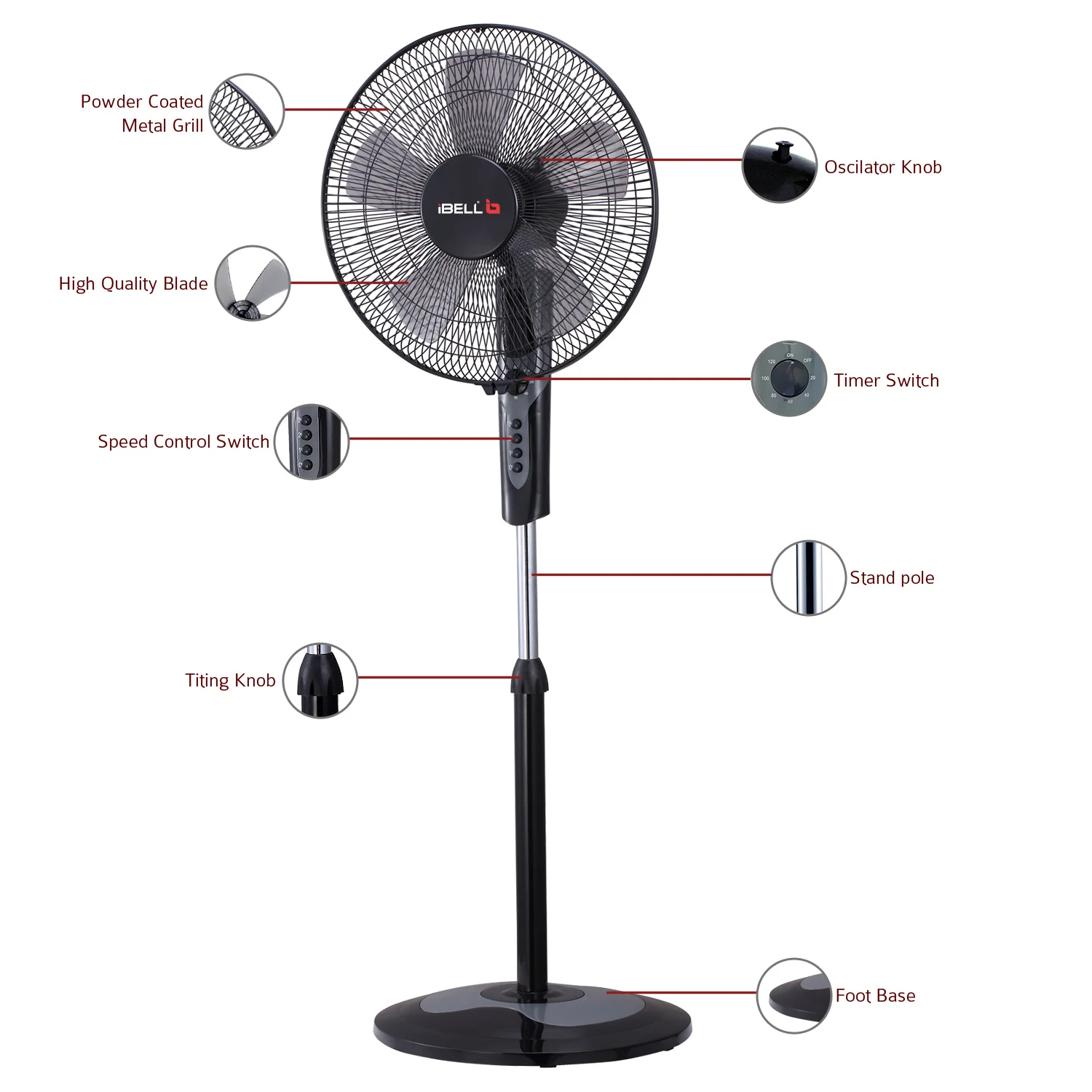 IBELL CHROME10 Pedestal Fan with 2hr Timer, 5 Leaf, High-Speed Motor, Height Adjustable, Portable (Black), 406.4 mm - Image 7