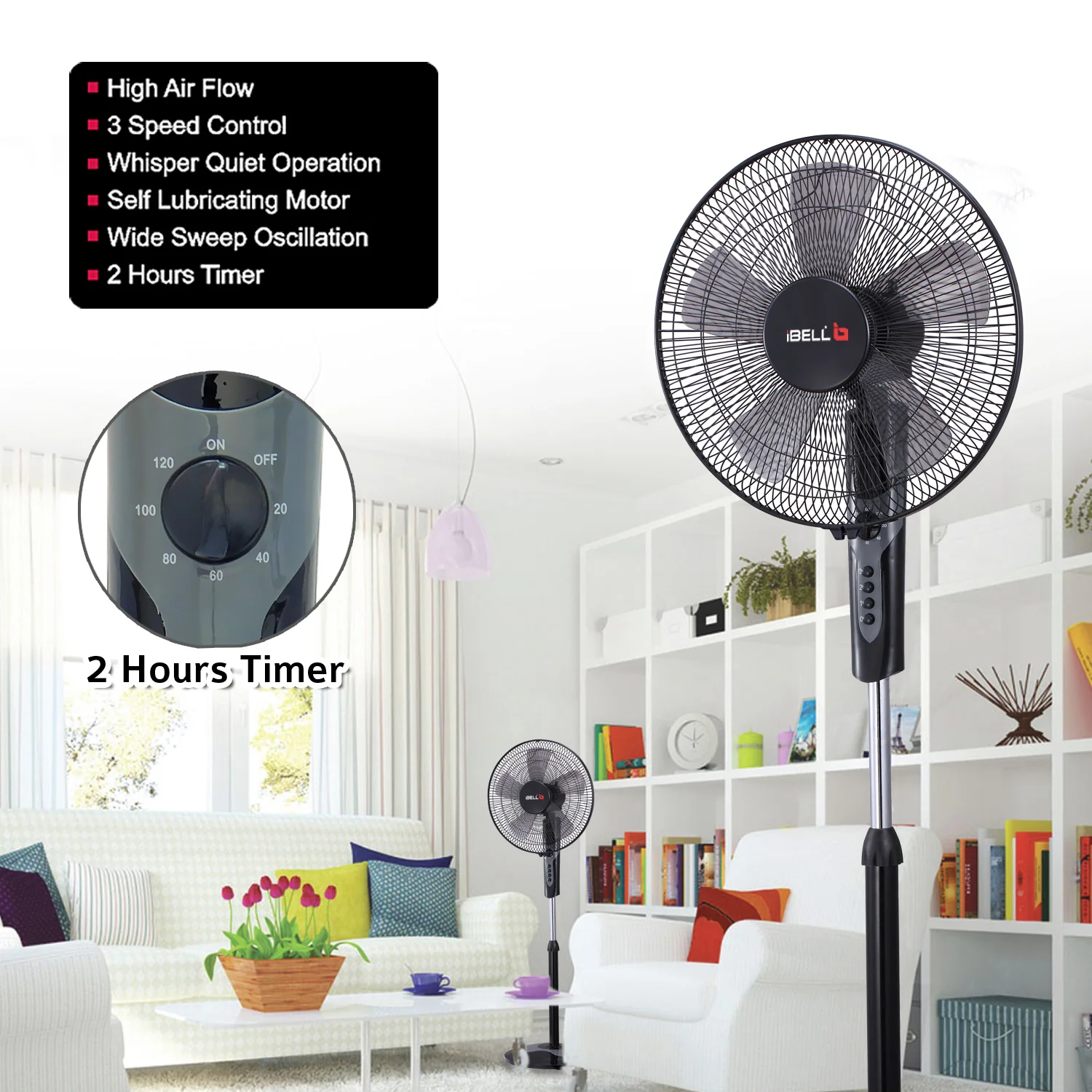 IBELL CHROME10 Pedestal Fan with 2hr Timer, 5 Leaf, High-Speed Motor, Height Adjustable, Portable (Black), 406.4 mm - Image 8