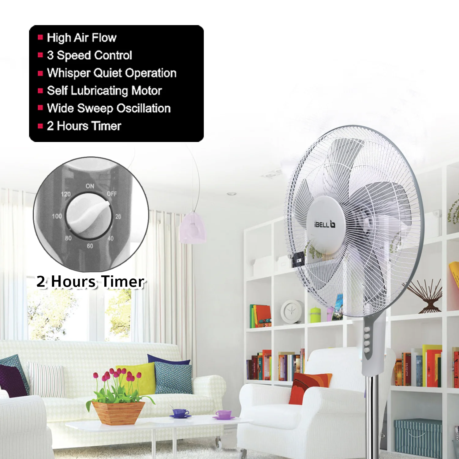 IBELL CHROME10 Pedestal Fan with Timer, 5 Leaf, 406mm, High Speed Motor (White) - Image 7