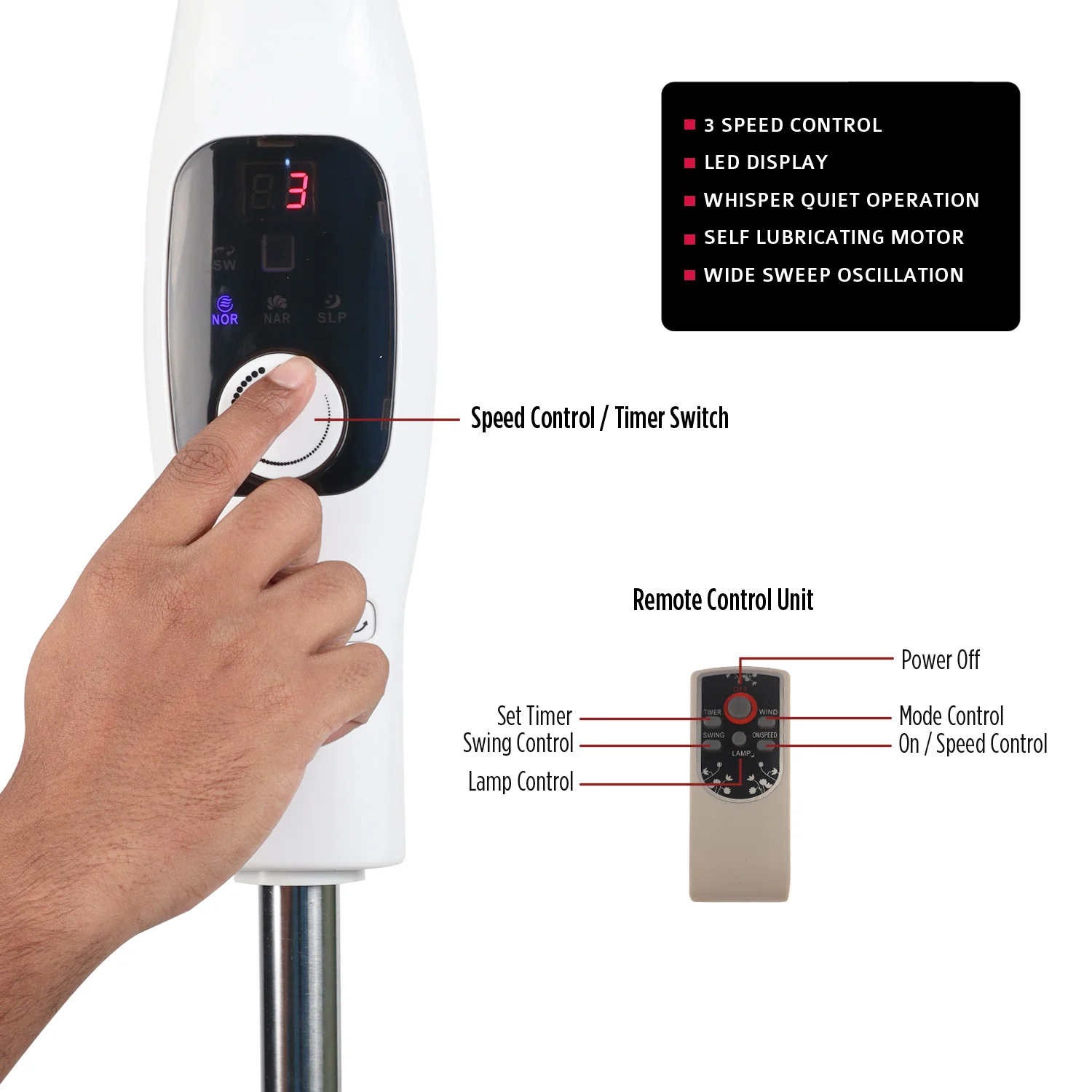 IBELL CLASSY P16 SB WHITE Pedestal Fan 5 Leaf with Remote and High Air Flow, 55W, LED Display, High Speed, Copper Motor, 400 millimeters - Image 6