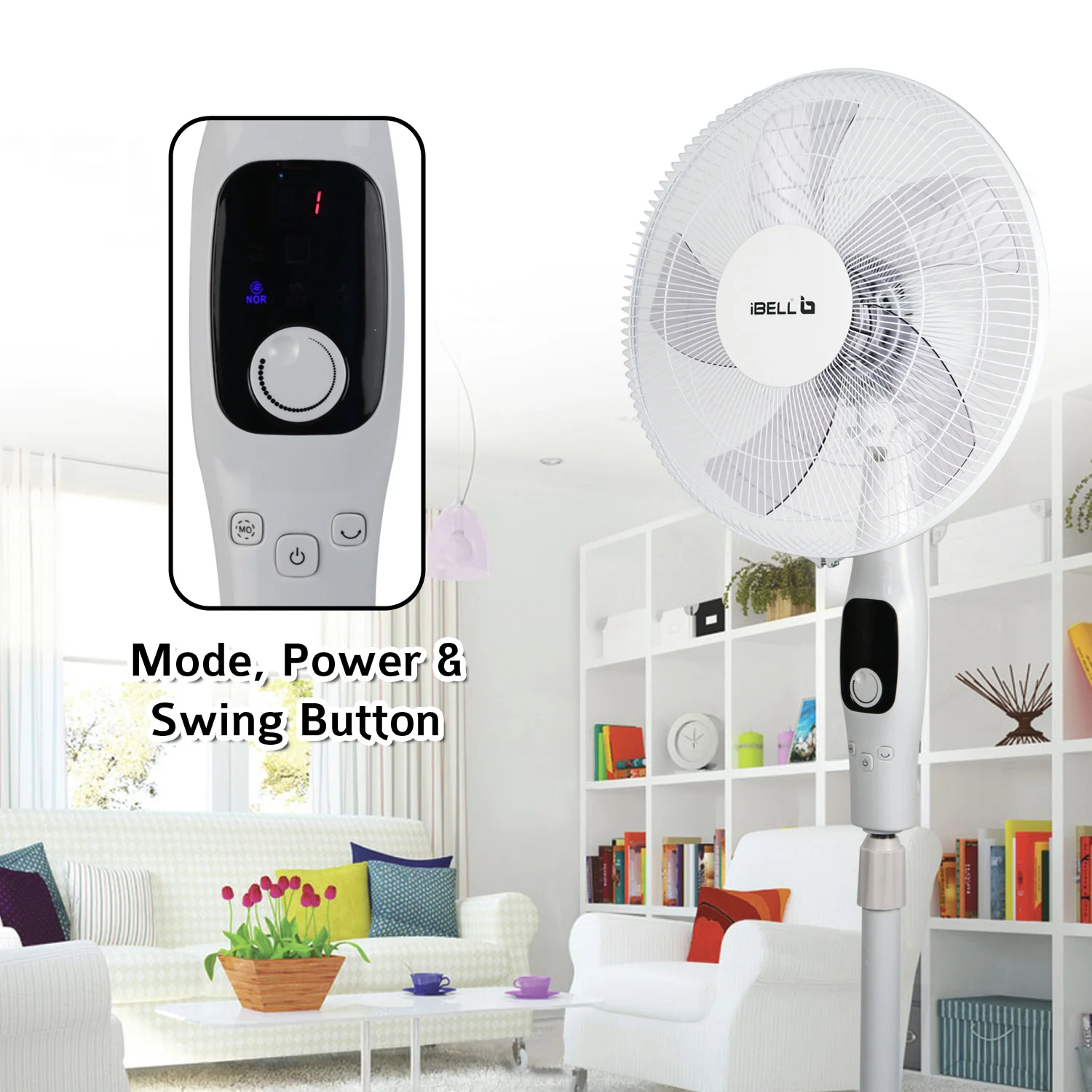 IBELL CLASSY P16 SB WHITE Pedestal Fan 5 Leaf with Remote and High Air Flow, 55W, LED Display, High Speed, Copper Motor, 400 millimeters - Image 9