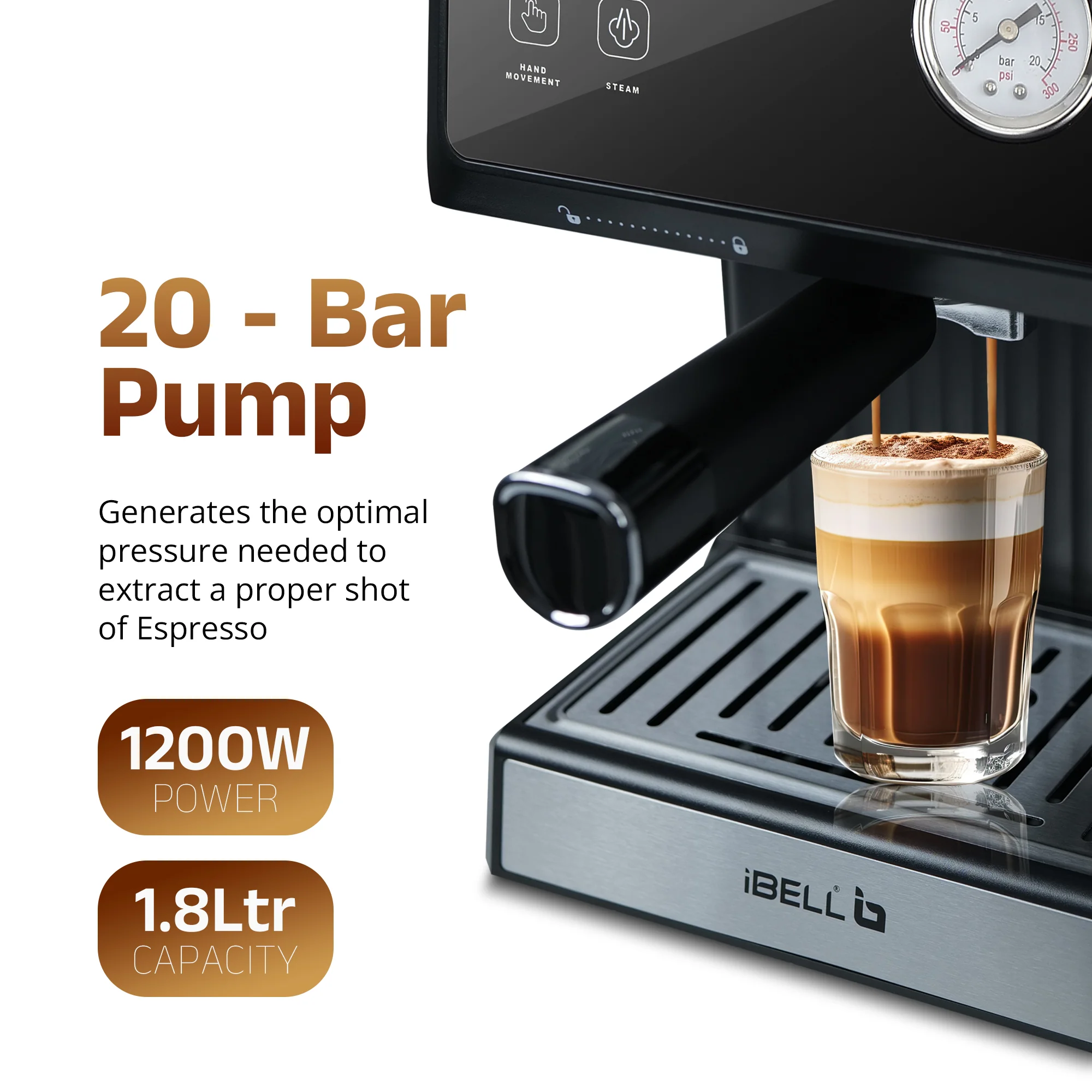 IBELL Espresso Machine, Coffee Maker for Home, 20 BAR, 2 Year Warranty, Touch Controls, Milk Frothing, Temperature Control System for Espresso, Cappuccino, Americano, Latte, 1200W, BARISTAMAX300 - Image 3