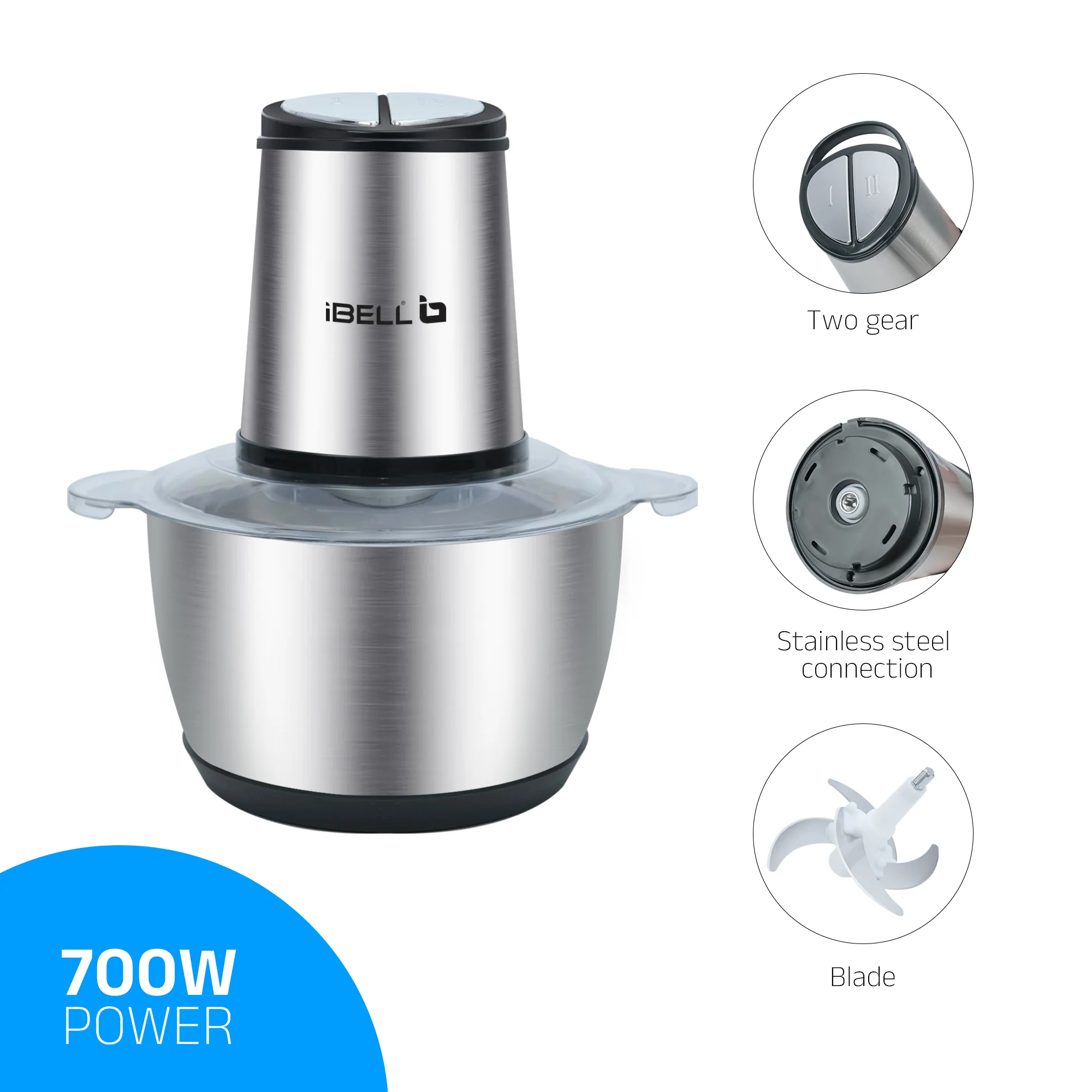 IBELL MT200SM Electric Chopper - 2 Litre Stainless Steel Bowl, 700W, Multi Purpose for Cutting Slicing Meat, Vegetables, Nuts & Fruits (Silver) - Image 4