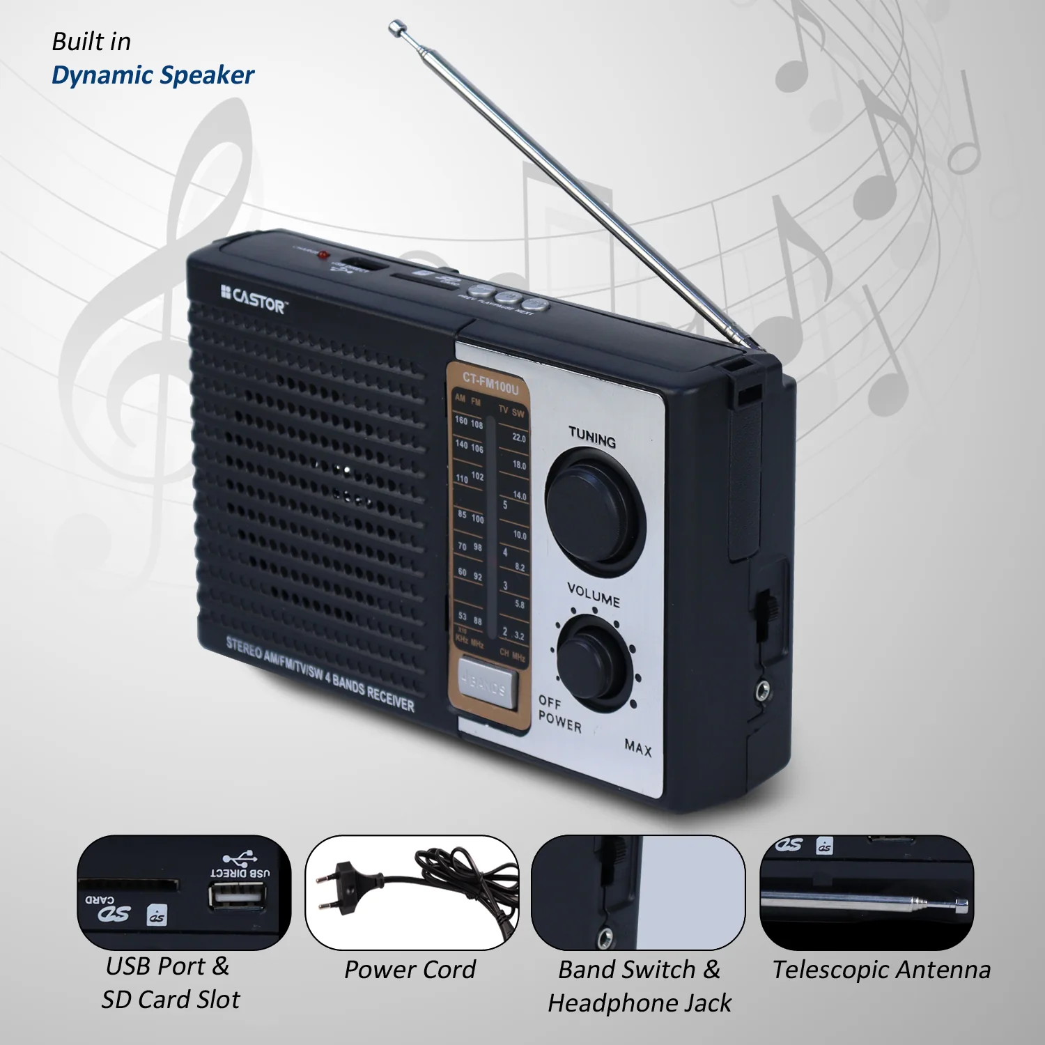 iBELL CTFM100U Portable FM Radio, with USB, SD Card, MP3 Player & Dynamic Speaker 4 Band (Black) - Image 5