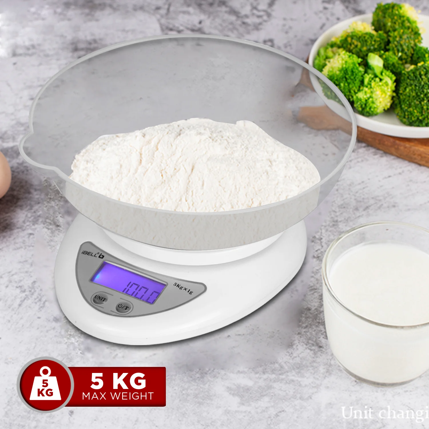 iBELL Digital Kitchen Weighing Scale for Health, LCD Display, High Precision Sensors, Tare Function, up to 5KG, Portable Food Weight Machine for Health, Fitness, Home Baking & Cooking - KS501M (White) - Image 6