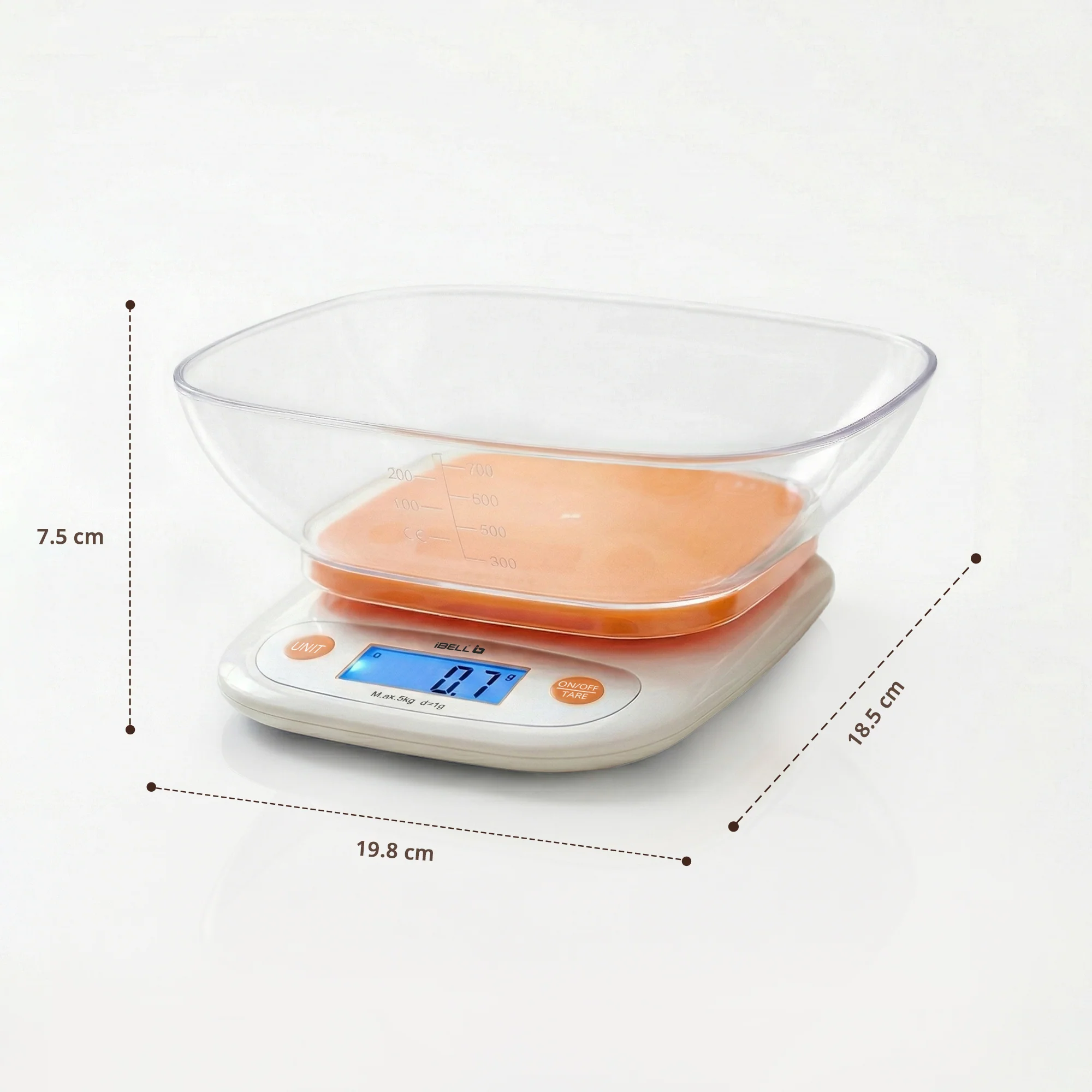 iBELL Digital Kitchen Weighing Scale for Health, LCD Display, High Precision Sensors, Tare Function, up to 5KG, Portable Food Weight Machine for Health, Fitness, Home Baking & Cooking - KS502 (Orange) - Image 5
