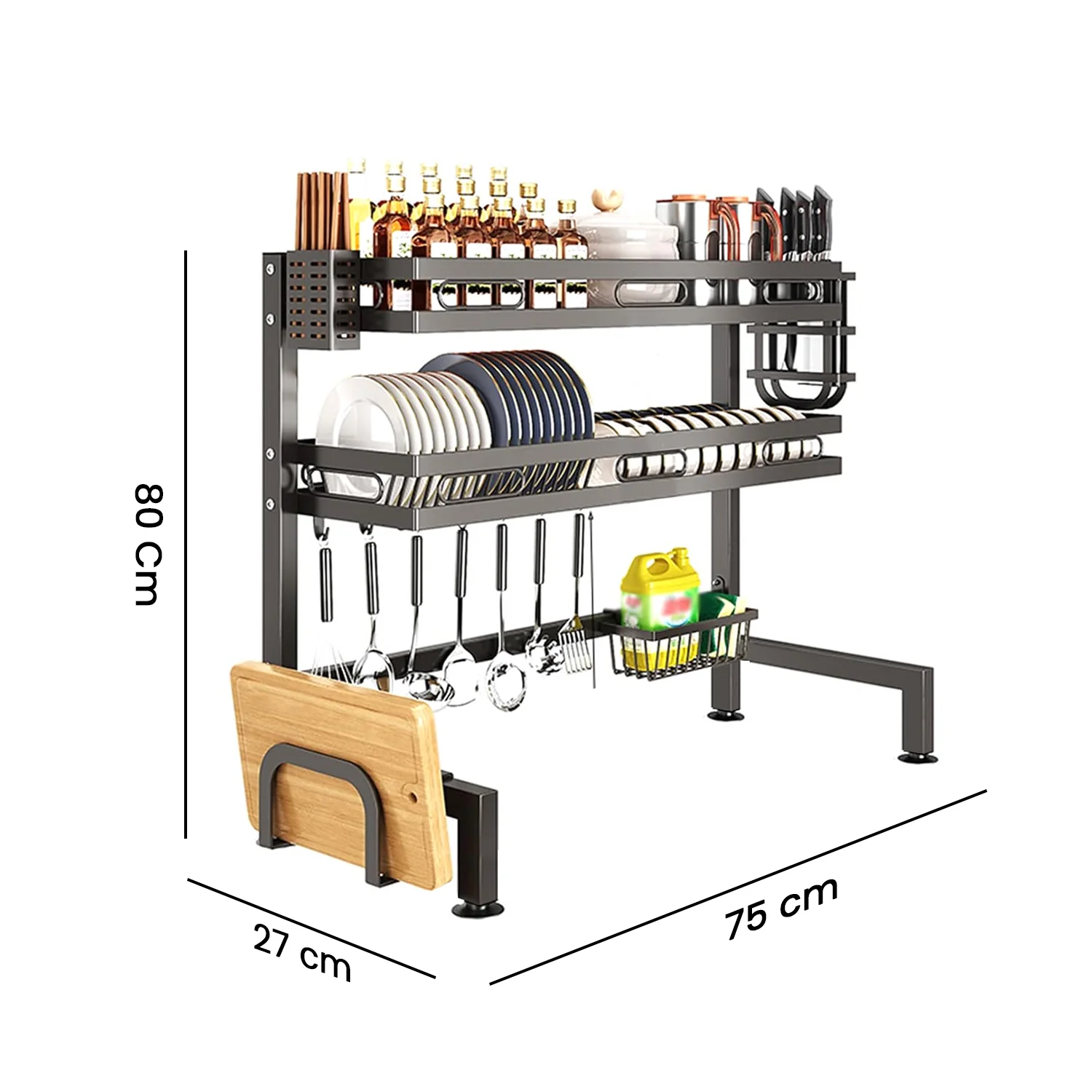 IBELL DR275 Over Sink Dish Rack for Kitchen, Bartan Stand for Drying, 2 Layer, Carbon Steel, Kitchen Organizer/Drainer Shelf/Utensils Storage (IBLDR275, Black), 27x75x80 cm - Image 6