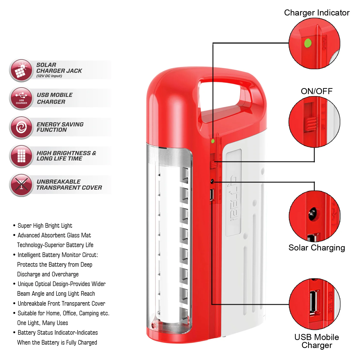 IBELL 8432 Rechargeable Emergency Light, High Bright LED Tube & LED Panel/USB Mobile Charger Jack/Solar Power Input Jack (Red) - Image 3