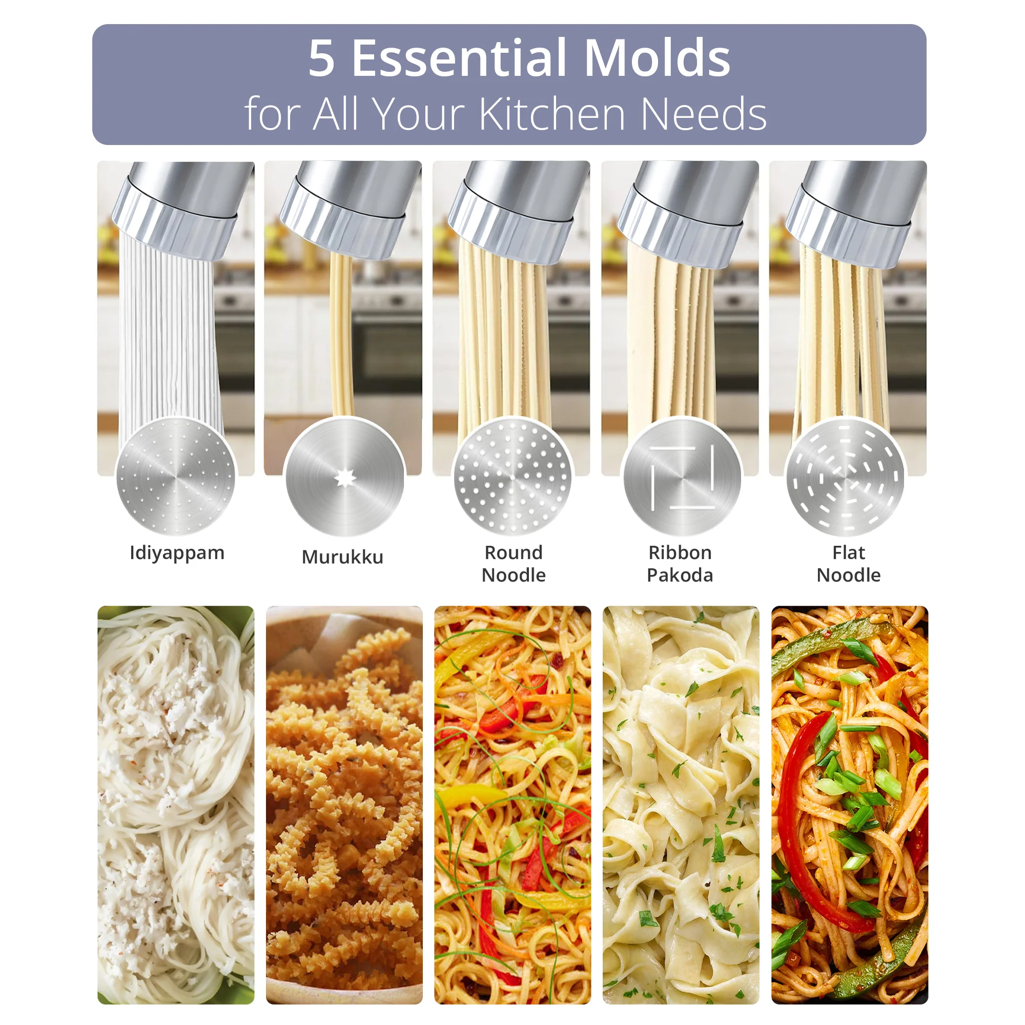 IBELL Electric Idiyappam Maker, Pasta & Noodle Maker with 6 Molds, 50Watts Power, 50 Times for Full Charge, Cordless with Rechargeable Battery(Black) - Image 6