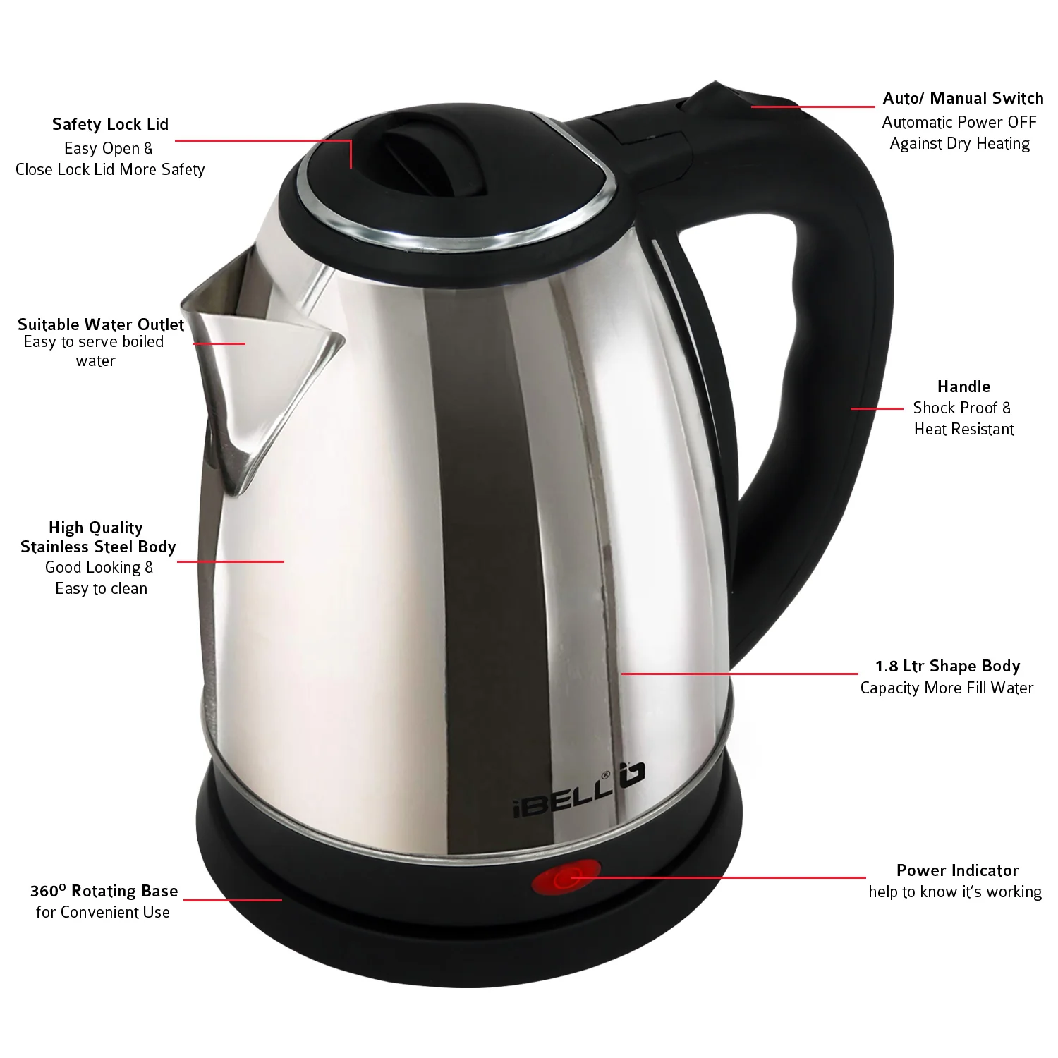 iBELL Electric Kettle 1.8 Litre, 1800W Stainless Steel Body, Auto Cut-Off & Rapid Boil, Durable & Easy to Clean Kettle for Hot Water, Tea, Coffee, and More (Silver) - Image 4