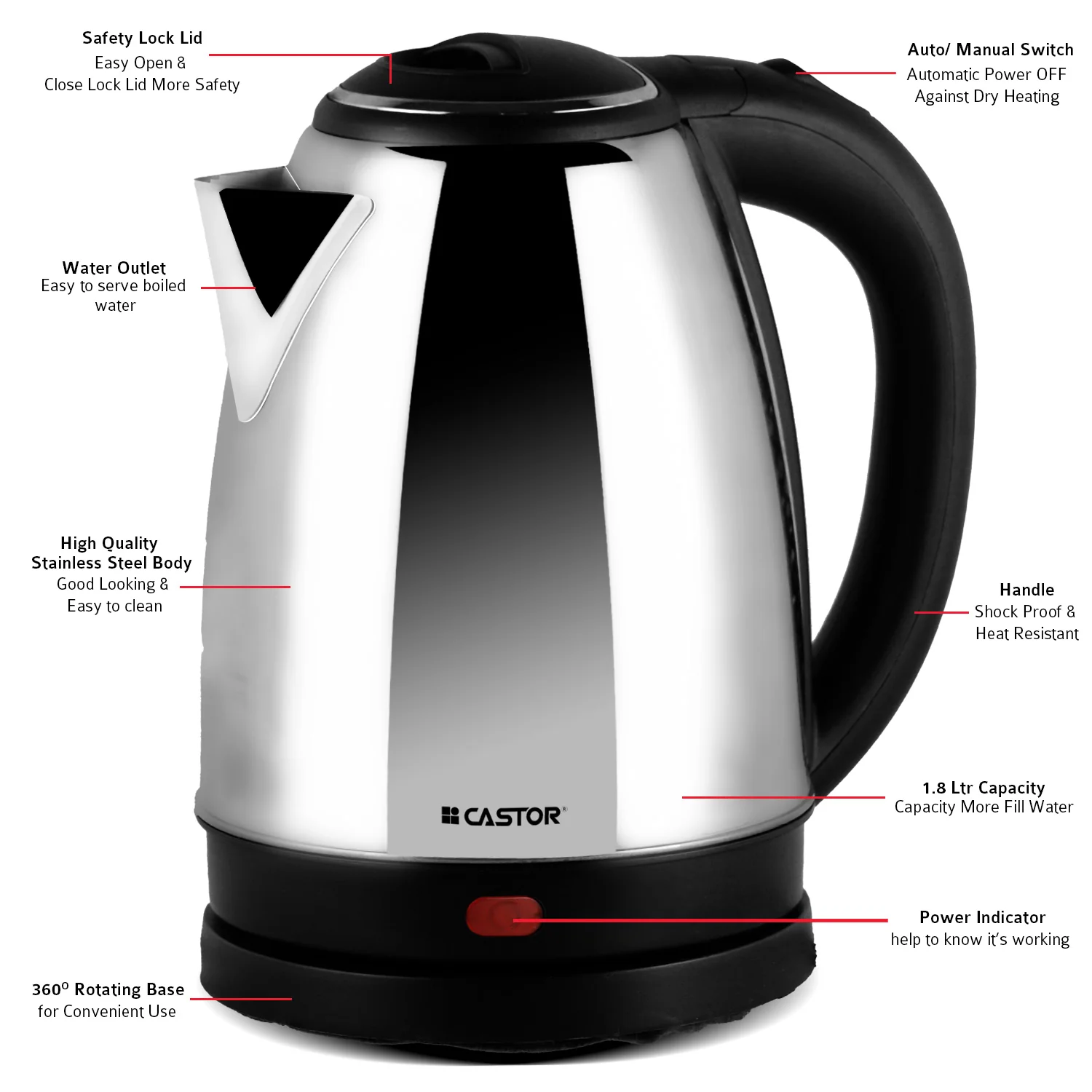 Castor Electric Kettle 1500W Stainless Steel Body with Safety Lock Lid, Automatic Shut-Off, Heat Resistant Handle & Lid, 2-Year Warranty (1.8 Ltr) - Image 2