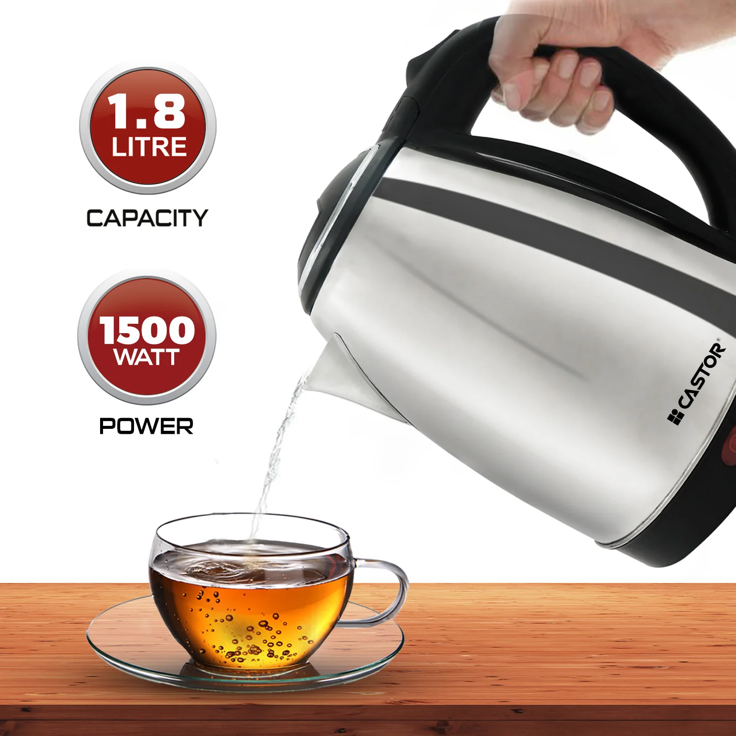 Castor Electric Kettle 1500W Stainless Steel Body with Safety Lock Lid, Automatic Shut-Off, Heat Resistant Handle & Lid, 2-Year Warranty (1.8 Ltr) - Image 5