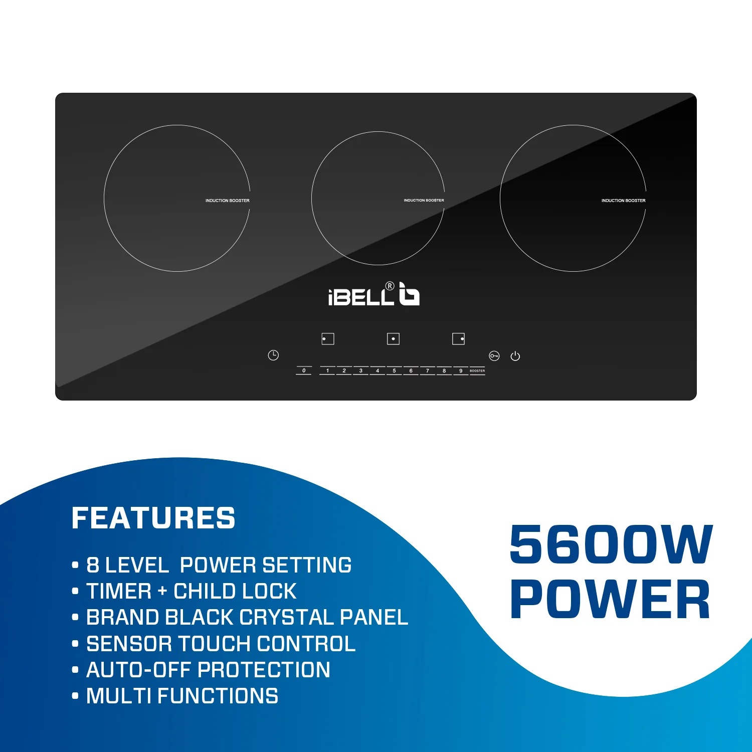 iBELL EMINENCE03 Induction Hob, Electric, 5600W, with 8 Level Power Setting, Auto -Off Protection, Toughened Glass and Touch Controls (Black) - Image 4