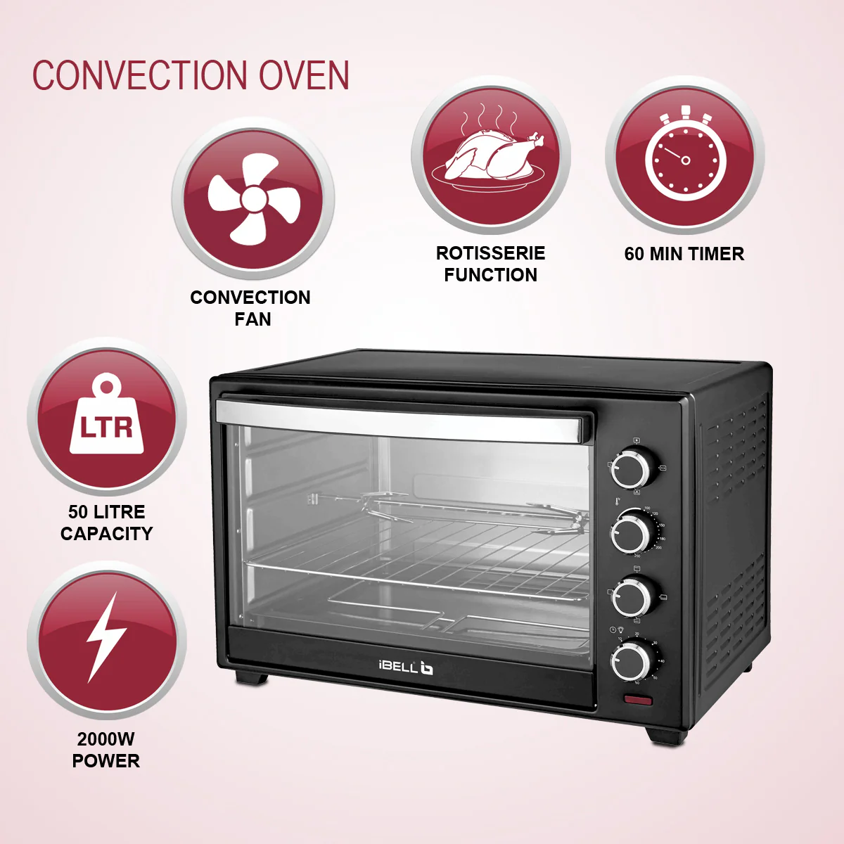 iBELL EO50LGDLX Otg 50 Litre,Convection Oven Toaster Griller With Motorized Rotisserie,Multiple heating modes,2000 Watt (Black),2000 Watts,50 Liter - Image 5
