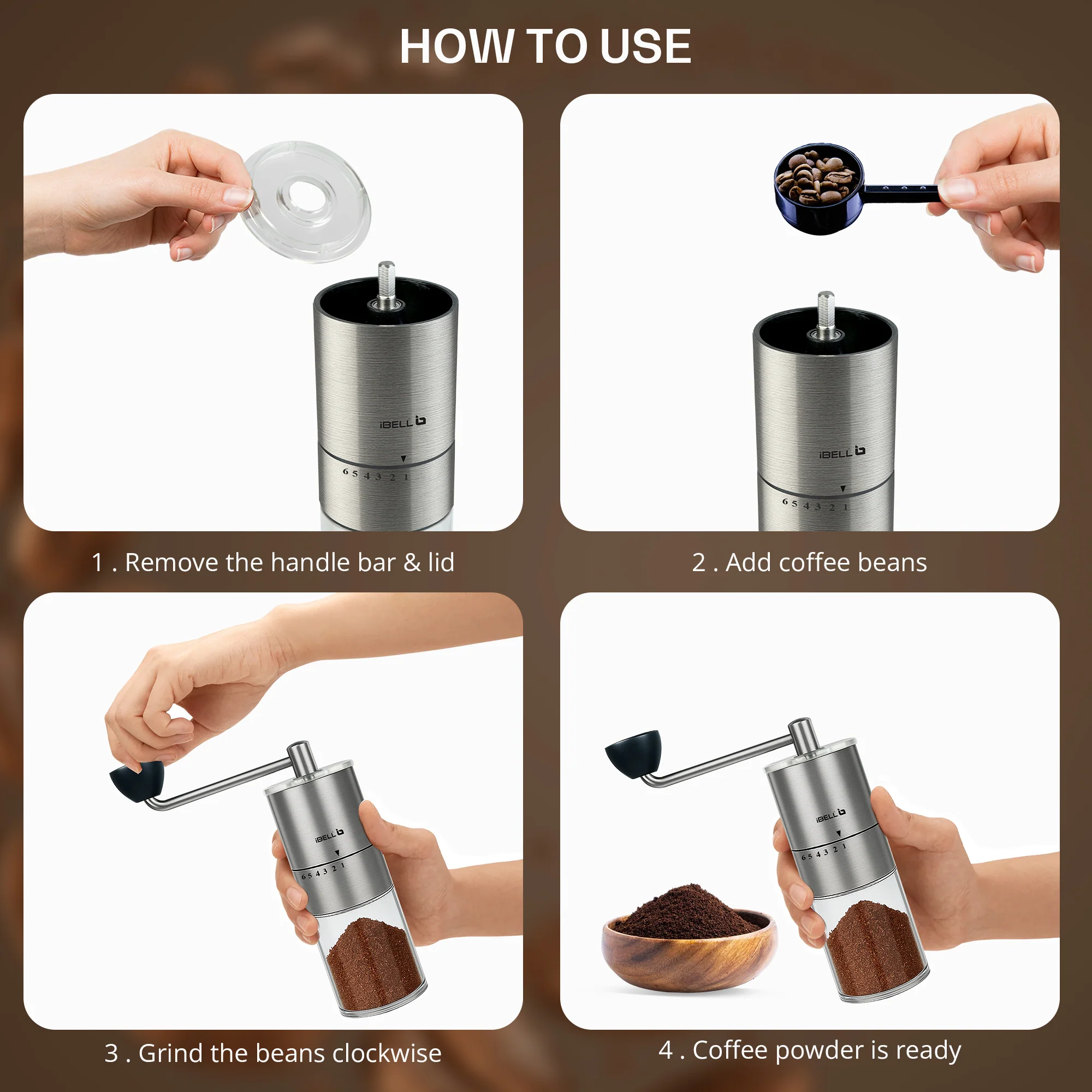 IBELL GRINDX6 Manual Coffee Grinder, Stainless Steel, 6 Adjustable Settings, Espresso, Drip Coffee, Whole Beans, Glass Jar, Ceramic Conical Burrs, Detachable Handle, (Silver) - Image 3