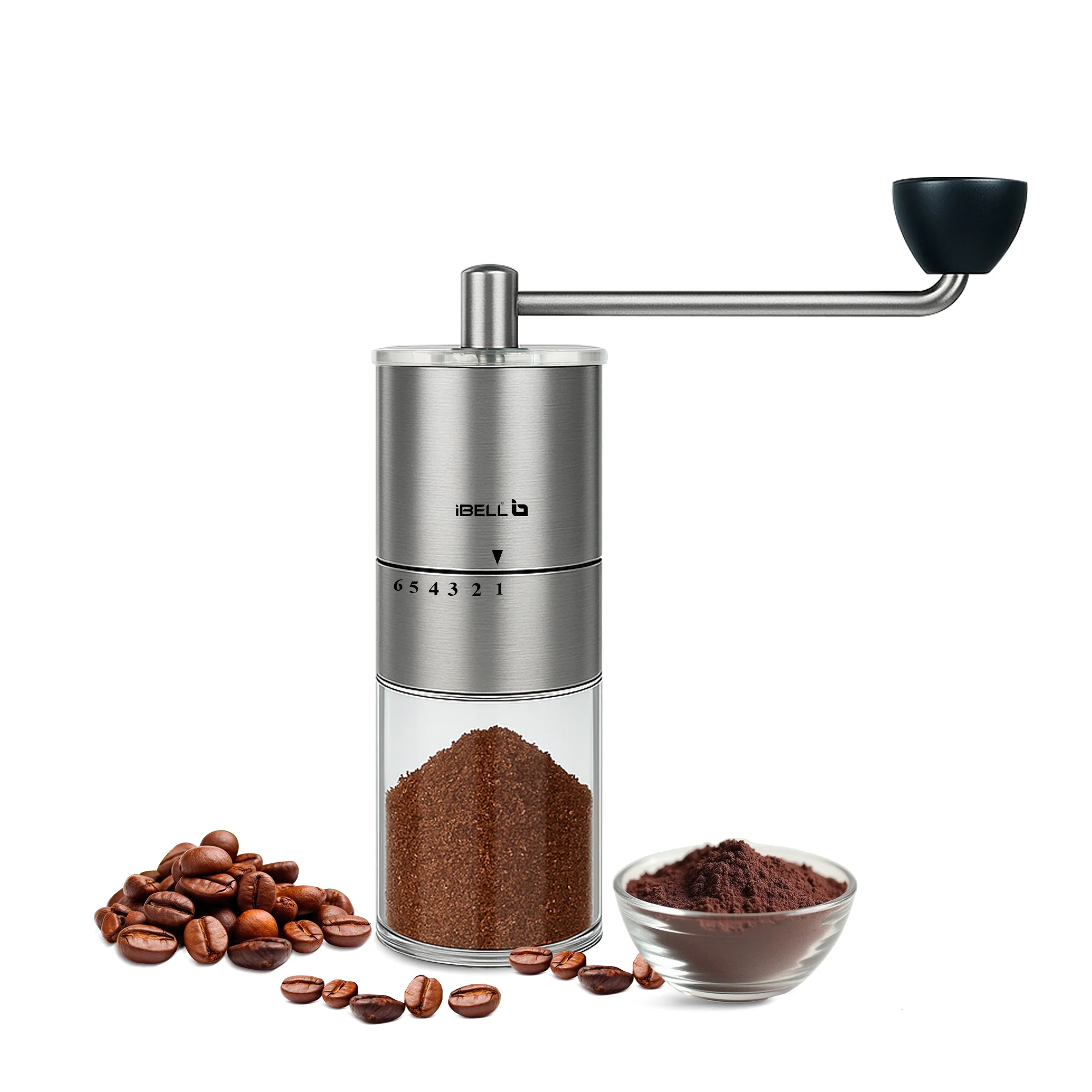 IBELL GRINDX6 Manual Coffee Grinder, Stainless Steel, 6 Adjustable Settings, Espresso, Drip Coffee, Whole Beans, Glass Jar, Ceramic Conical Burrs, Detachable Handle, (Silver) - Image 4