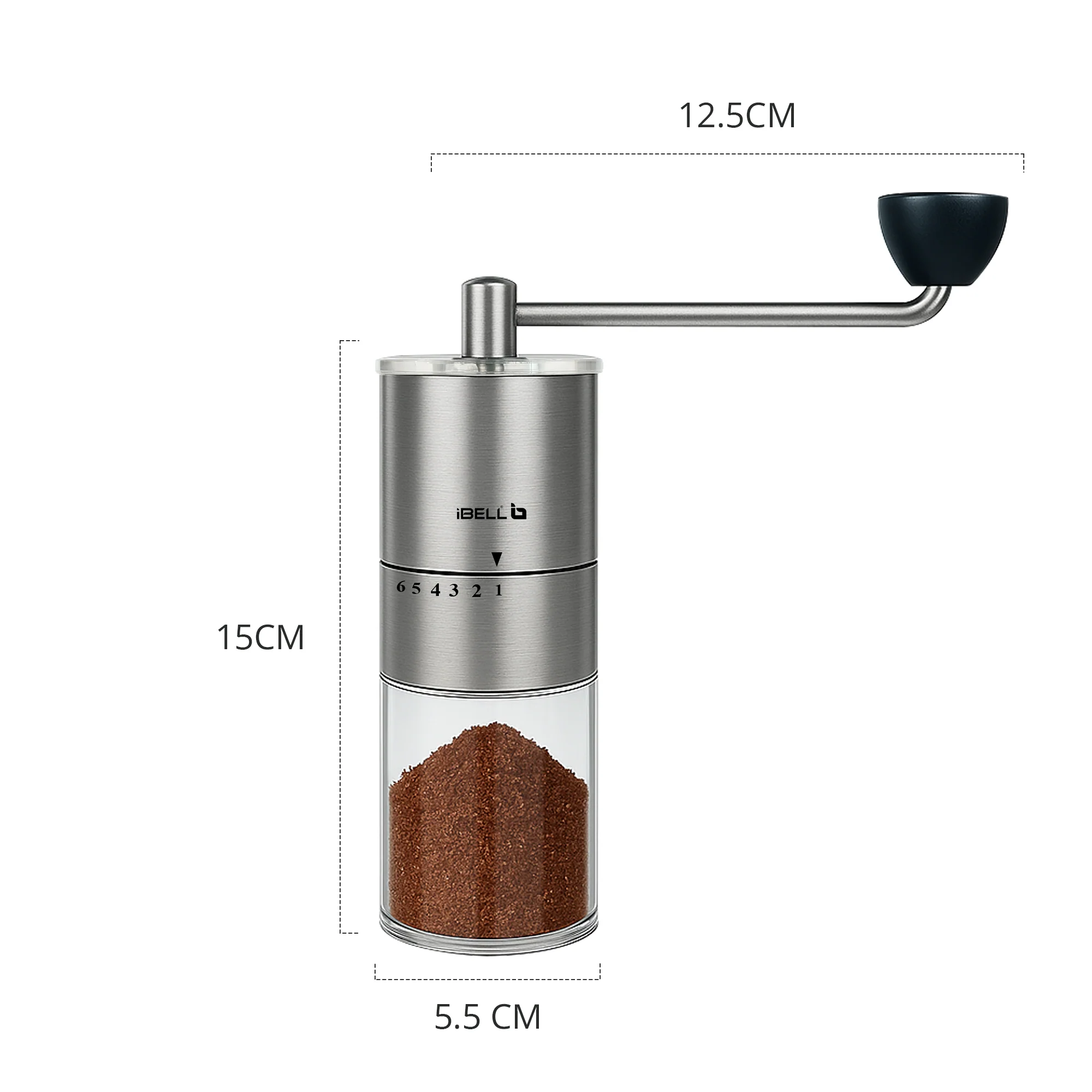 IBELL GRINDX6 Manual Coffee Grinder, Stainless Steel, 6 Adjustable Settings, Espresso, Drip Coffee, Whole Beans, Glass Jar, Ceramic Conical Burrs, Detachable Handle, (Silver) - Image 5