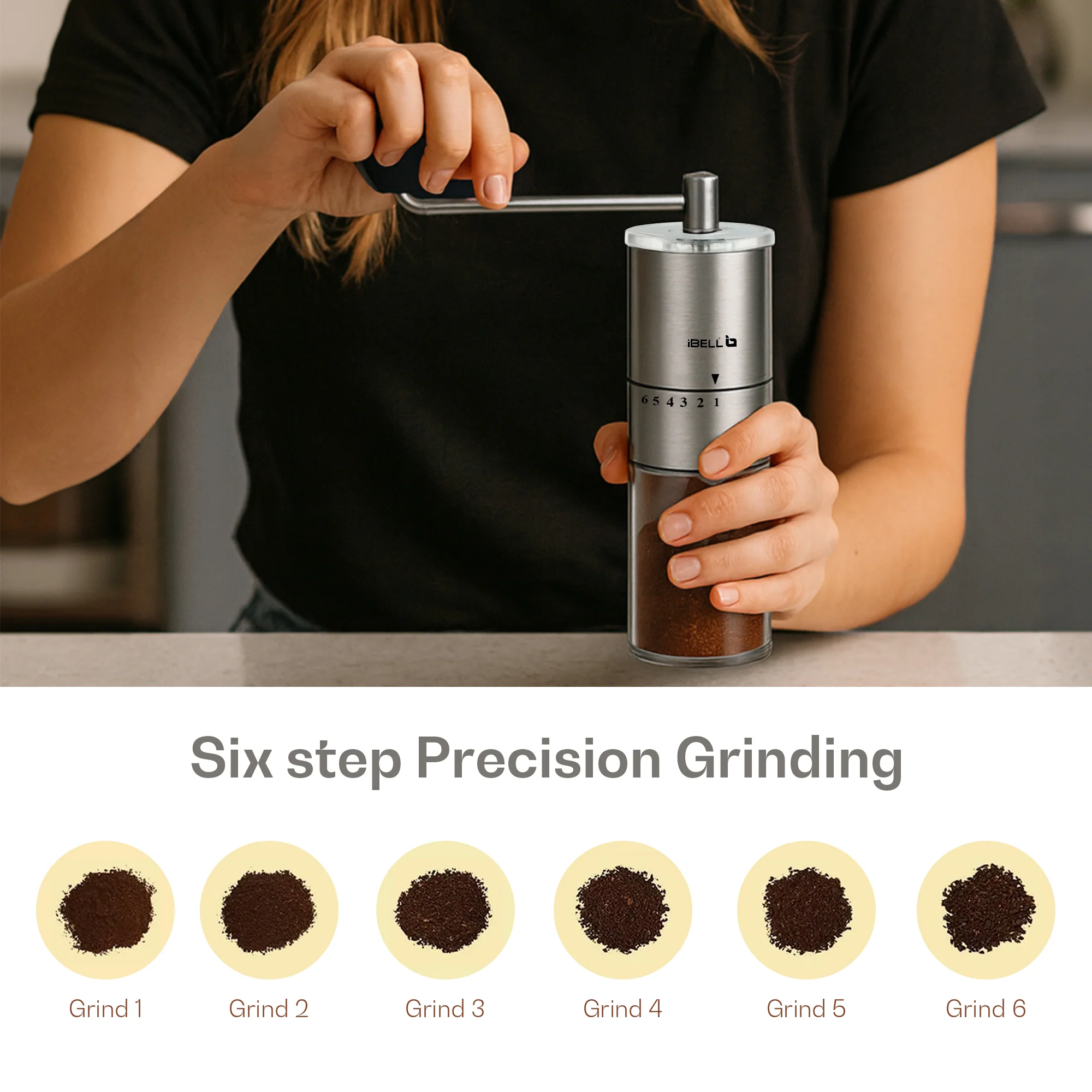 IBELL GRINDX6 Manual Coffee Grinder, Stainless Steel, 6 Adjustable Settings, Espresso, Drip Coffee, Whole Beans, Glass Jar, Ceramic Conical Burrs, Detachable Handle, (Silver) - Image 6
