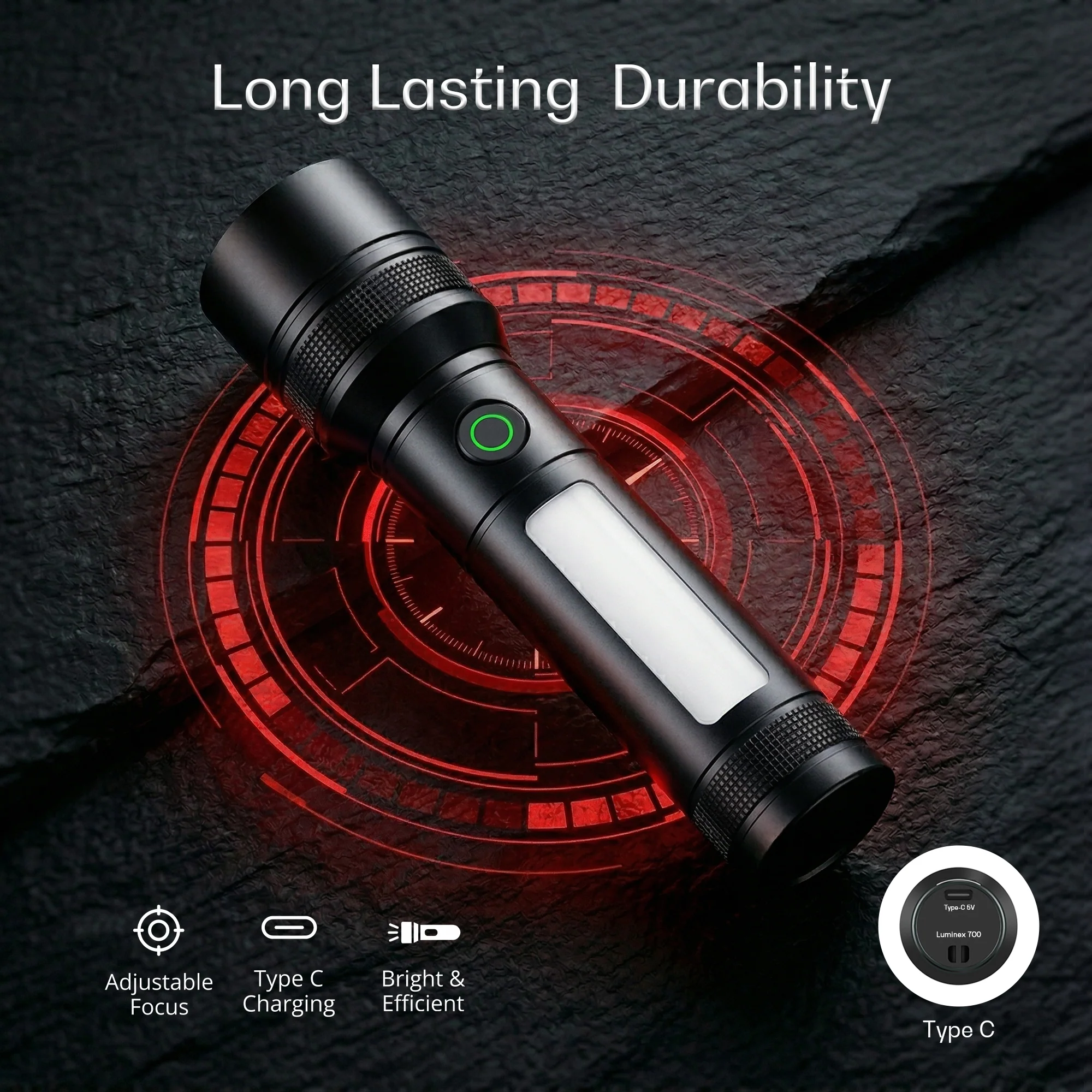 IBELL LUMINEX 800 Rechargeable Torch Light High Power, 6 Light Modes, Telescopic Zoom, Type C Charging, LED Flashlight, Super Bright & Long Distance Range, for Home, Outdoor & Emergency Use (Black)) - Image 3