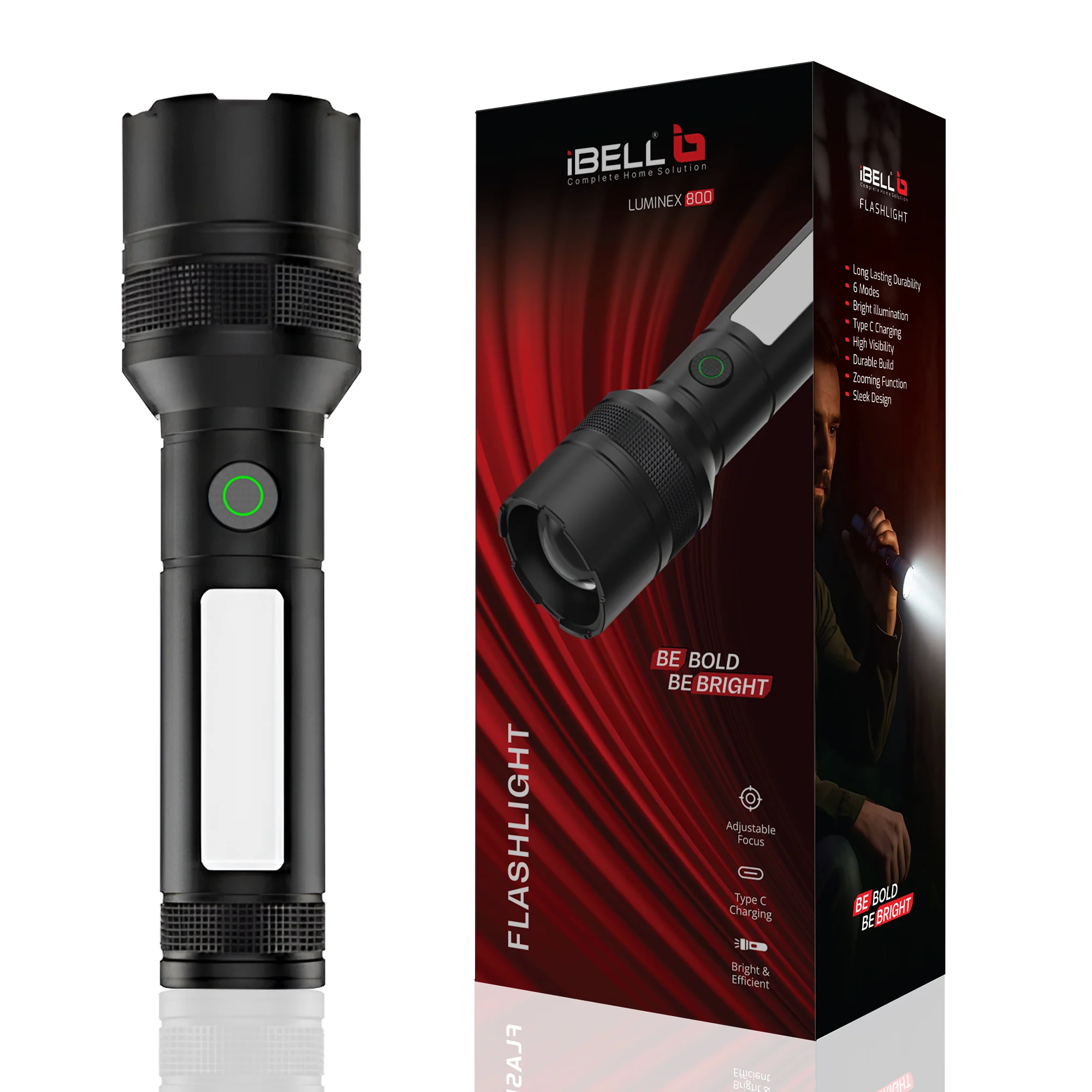 IBELL LUMINEX 800 Rechargeable Torch Light High Power, 6 Light Modes, Telescopic Zoom, Type C Charging, LED Flashlight, Super Bright & Long Distance Range, for Home, Outdoor & Emergency Use (Black)) - Image 6