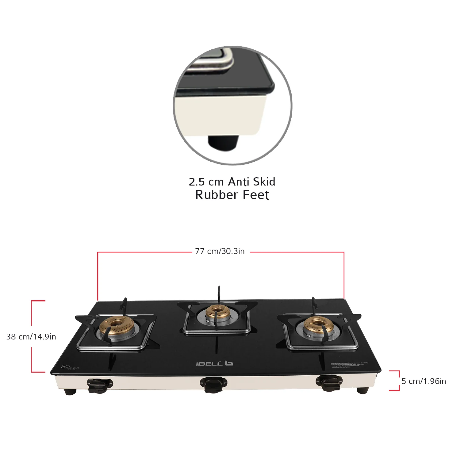 iBELL 8413 Star 3-Burner Gas Stove – Premium Model with a Low gas consumption, Stylish Square Design, Durable 7 mm Toughened Glass Top, Spacious Body (77 x 38 x 5 cm), Manual Ignition (Black) - Image 4