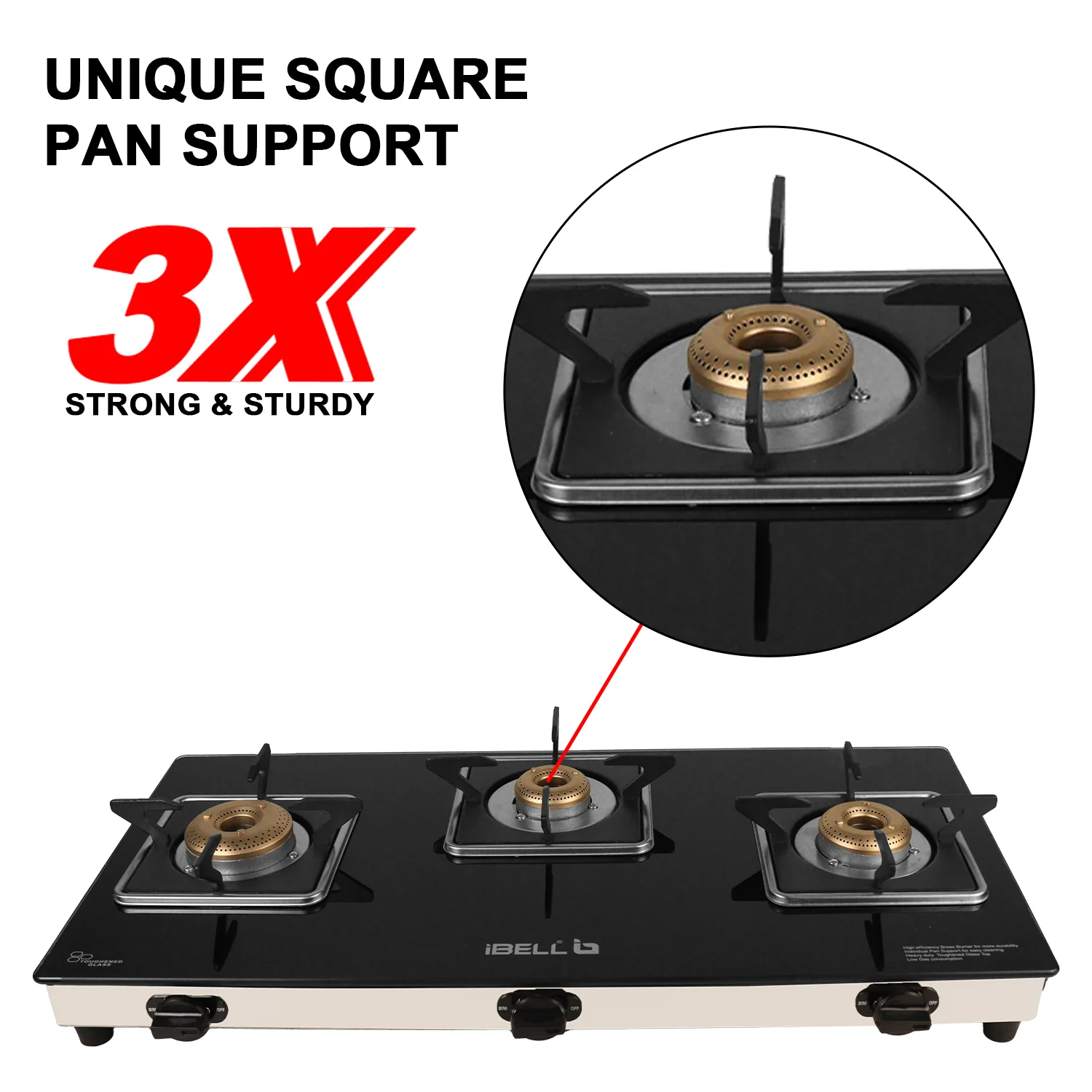 iBELL 8413 Star 3-Burner Gas Stove – Premium Model with a Low gas consumption, Stylish Square Design, Durable 7 mm Toughened Glass Top, Spacious Body (77 x 38 x 5 cm), Manual Ignition (Black) - Image 5