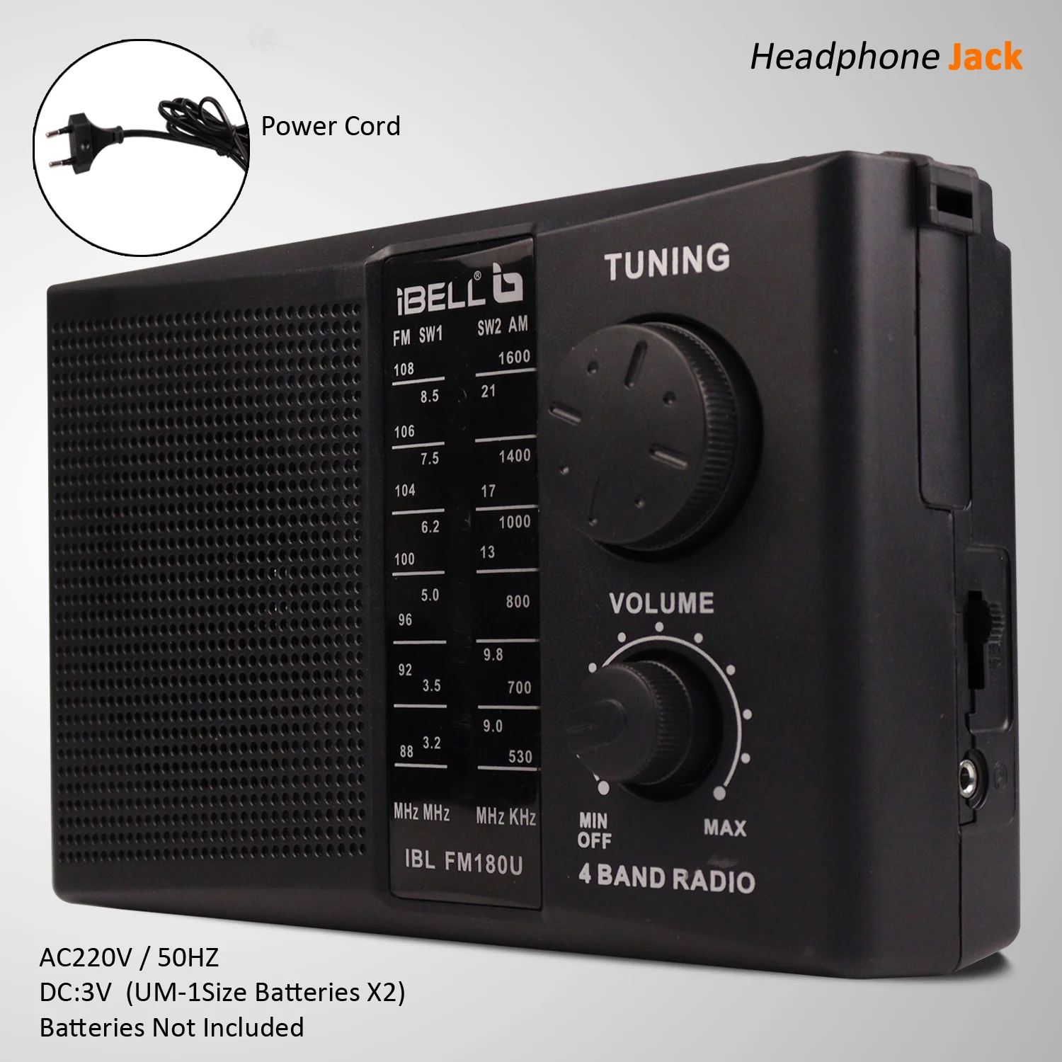 iBELL FM180U Portable FM Radio with USB/SD Slot, MP3 Player, Headphone Jack & Dynamic Speaker 4 Band (Black) - Image 4